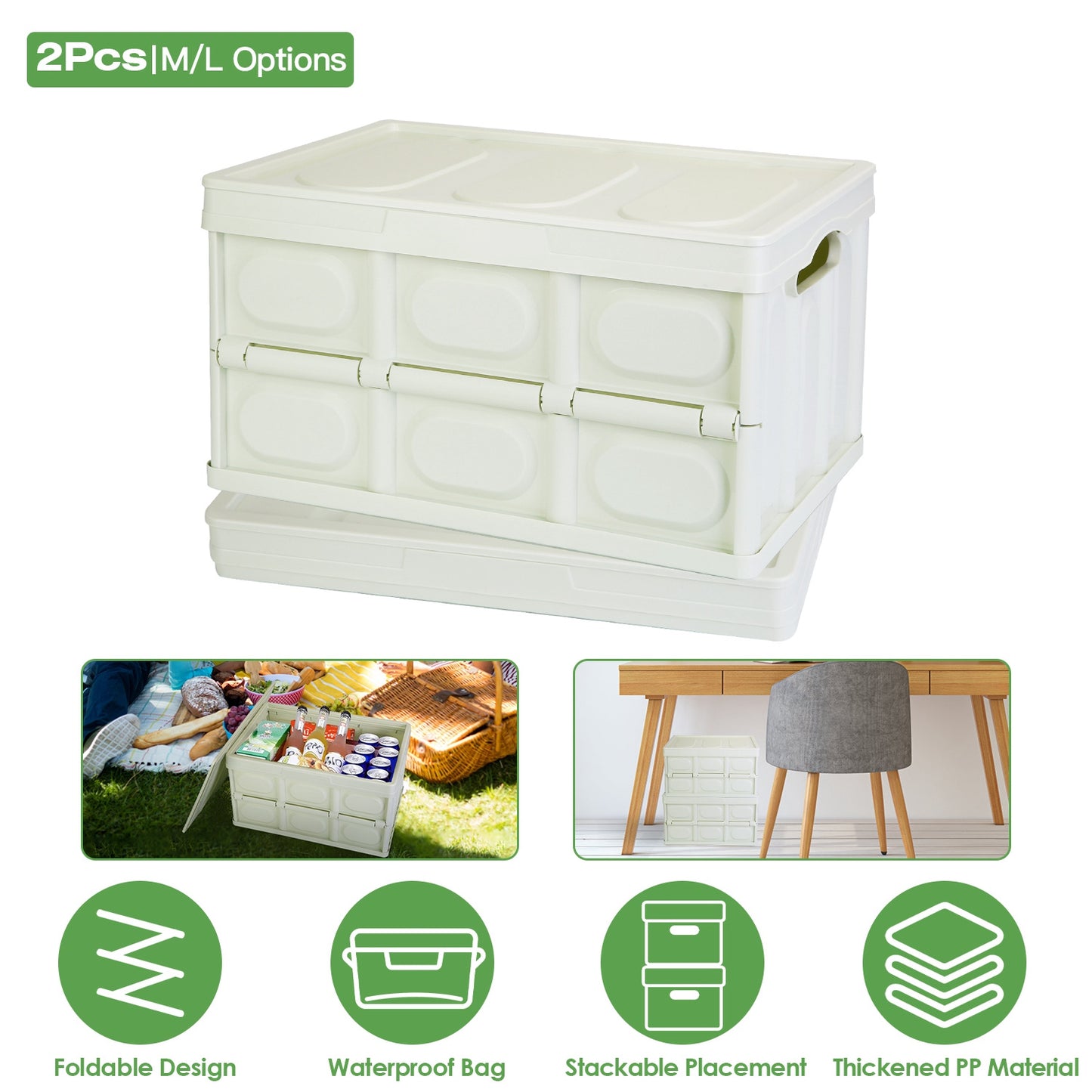 2Pcs 30L Collapsible Storage Bins With Dustproof Lid Waterproof Interior Bag Handle Stackable Storage Box Container Utility Organizer Crate For Campin