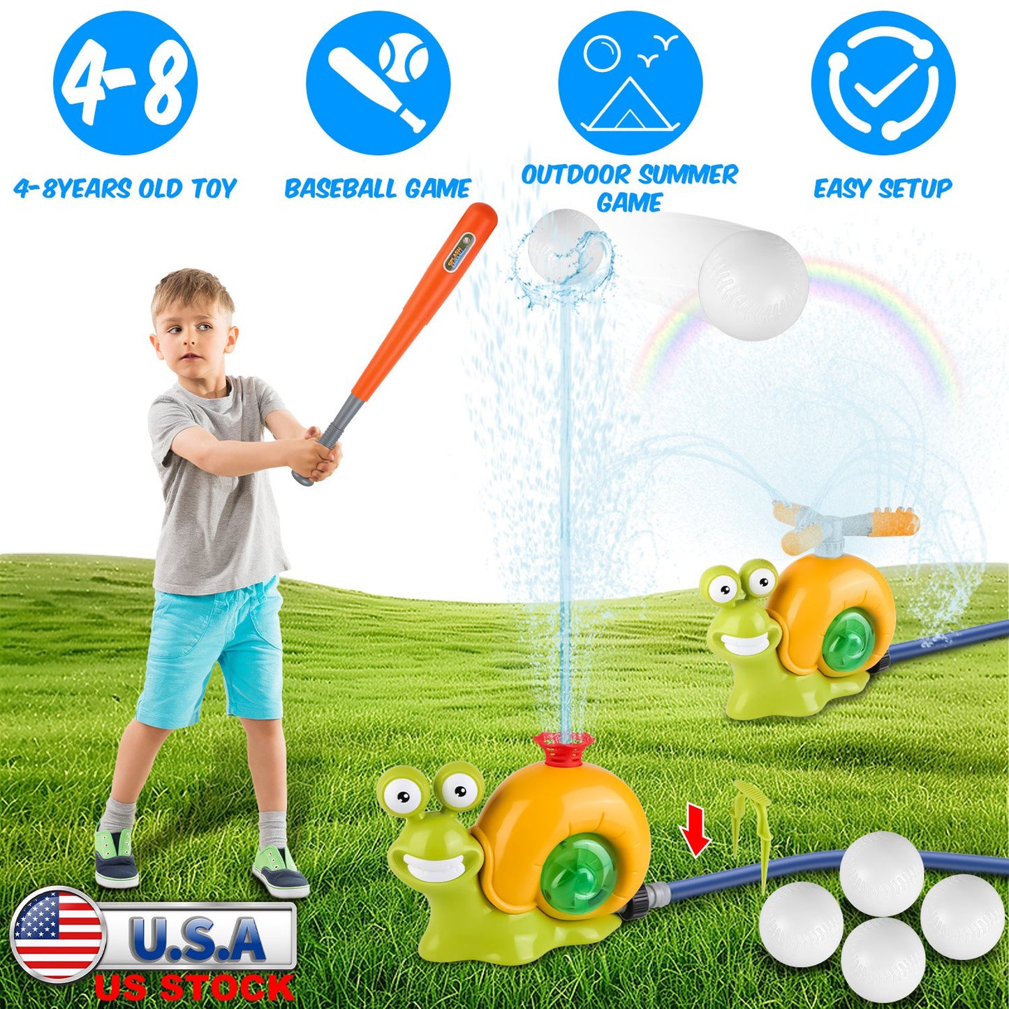 2 In 1 Snail Water Sprinkler Baseball Toy With 2 Sprinkler Nozzles 360¡ Rotating Spray Baseball Sprinkler Summer Water Toy For 4-8Years Old Boys Girls
