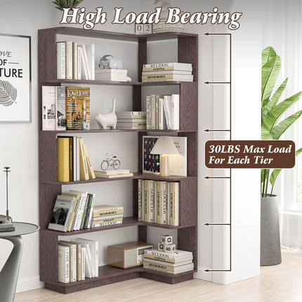 5-Tier L-Shaped Corner Bookshelf with 6 Open Shelves