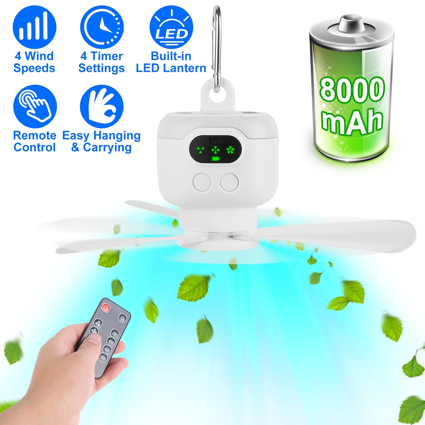 2 In 1 Portable Camping Fan with LED Lantern 8000mAh Battery Powered Tent Fan with Carabiner Digital Display 4 Speeds 4 Timer Settings for Camping Can