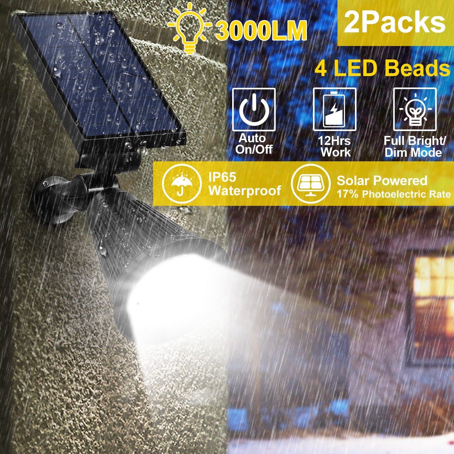 2Pcs Solar Spotlight Outdoor Dusk To Dawn Light Wall Path Lawn Garden Lamp Waterproof