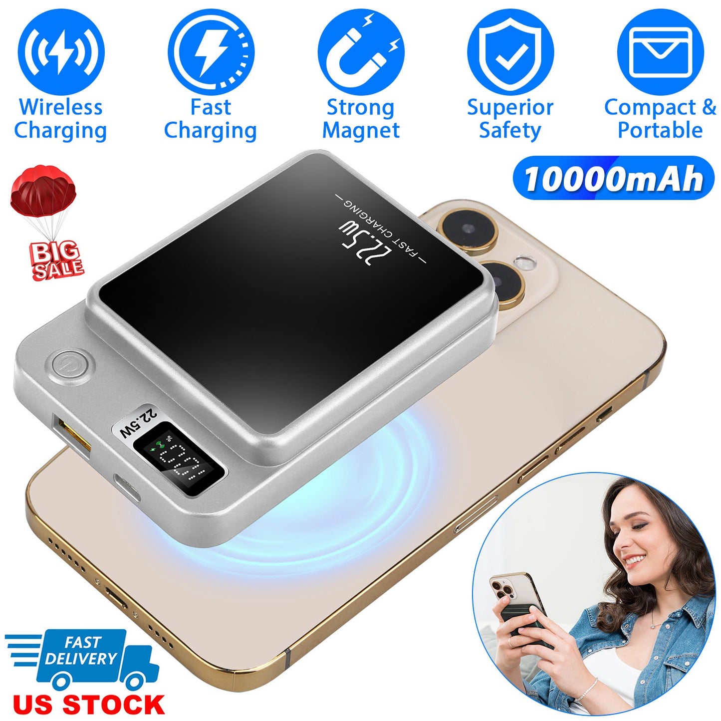 2 In 1 Magnetic Wireless Power Bank 10000mAh PD20W Fast Charger MagSafe Wireless Power Bank Fit for IOS Phones IOS Phone 14 Series And More