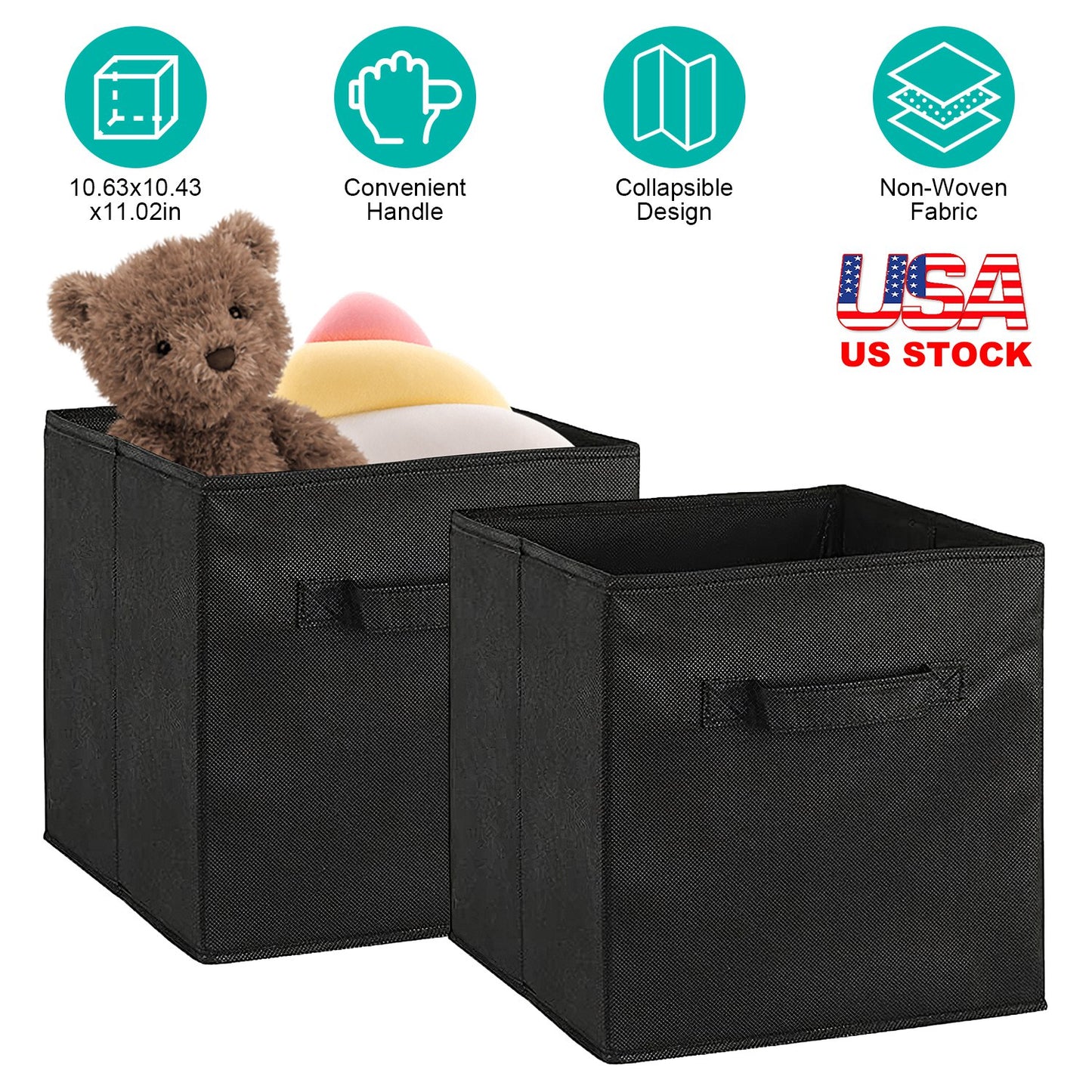 2 Sets Storage Bin Non-Woven Fabric Cube Organizer with Handle Foldable Cube Basket For Shelves Closet Living Room Bedroom Black