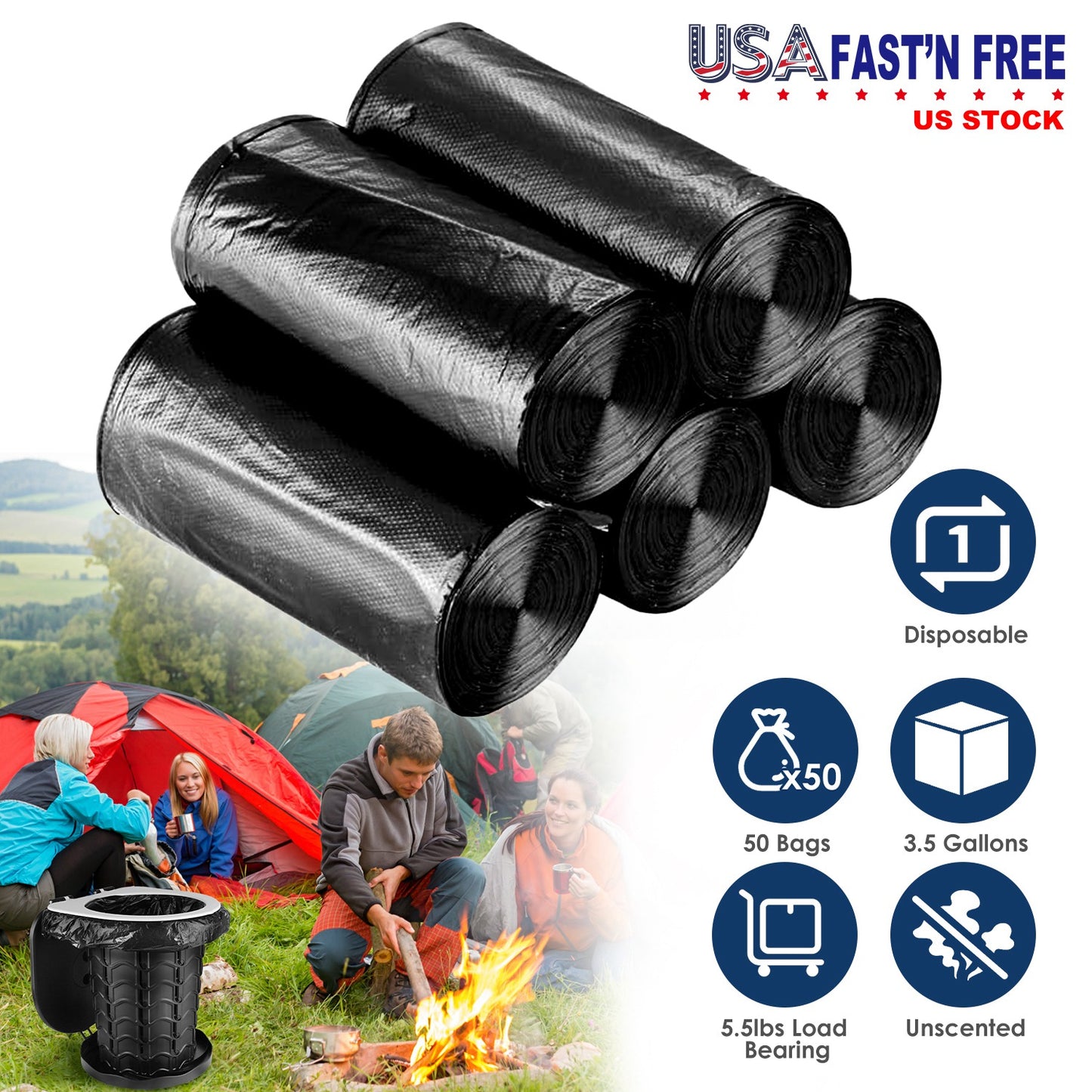 5 Rolls Overall 50 Count Black Garbage Bags Disposable Trash Bags Trash Can Liners Unscented Leak Resistant for Camping Toilet Home Office