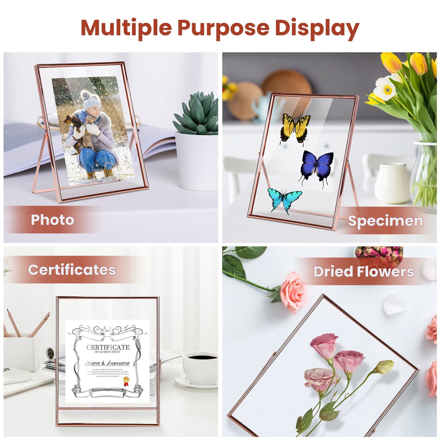 2Pcs Standing Rose Gold Metal Picture Frames 5x7IN 8x10IN Vertical Tabletop Floating Photo Frame Double-Glazed Glass Pressed Flower Frame for Home Dec