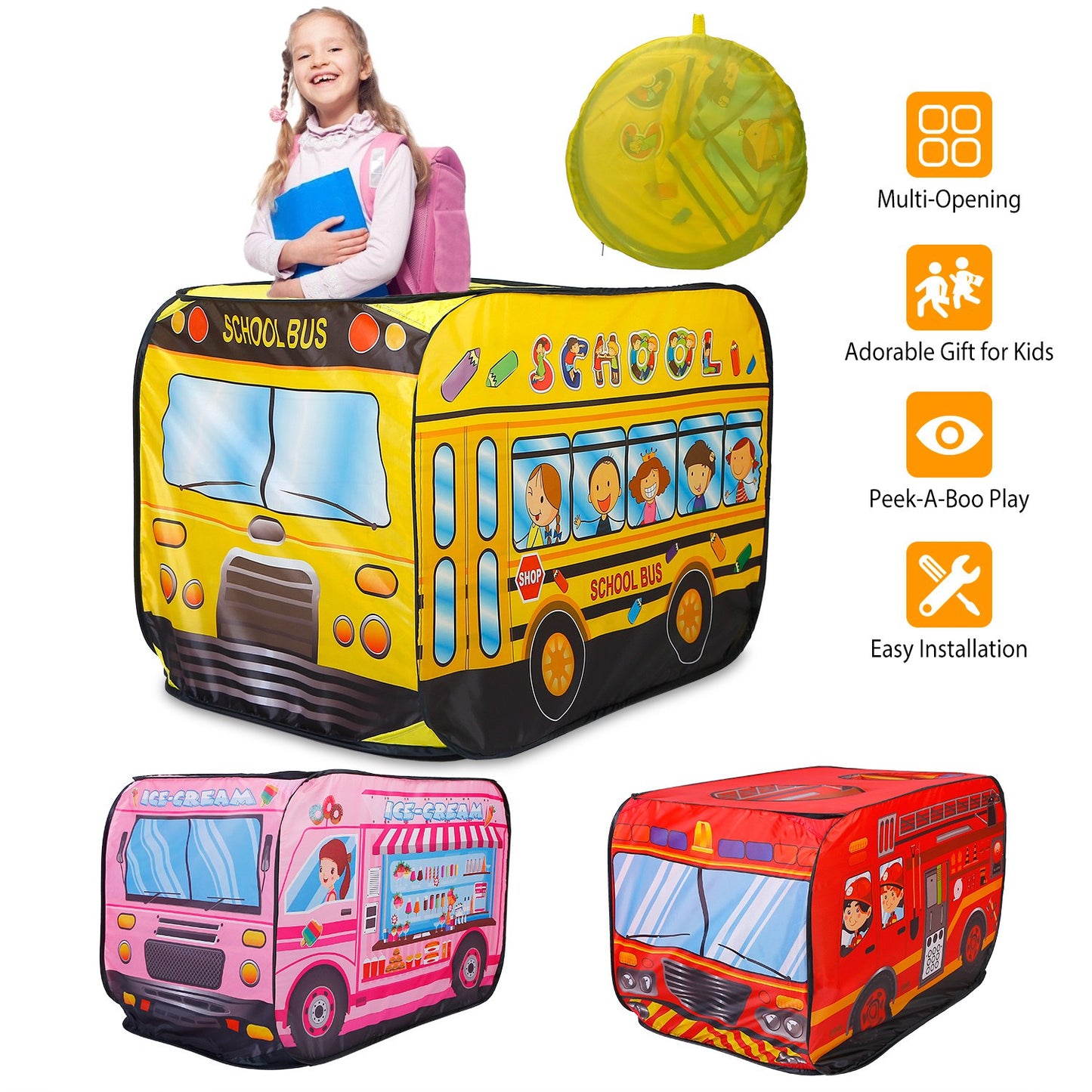 Kids Play Tent Foldable Pop Up School Bus Tent Portable Children Baby Play House W/ Carry Bag For Indoor Outdoor Use