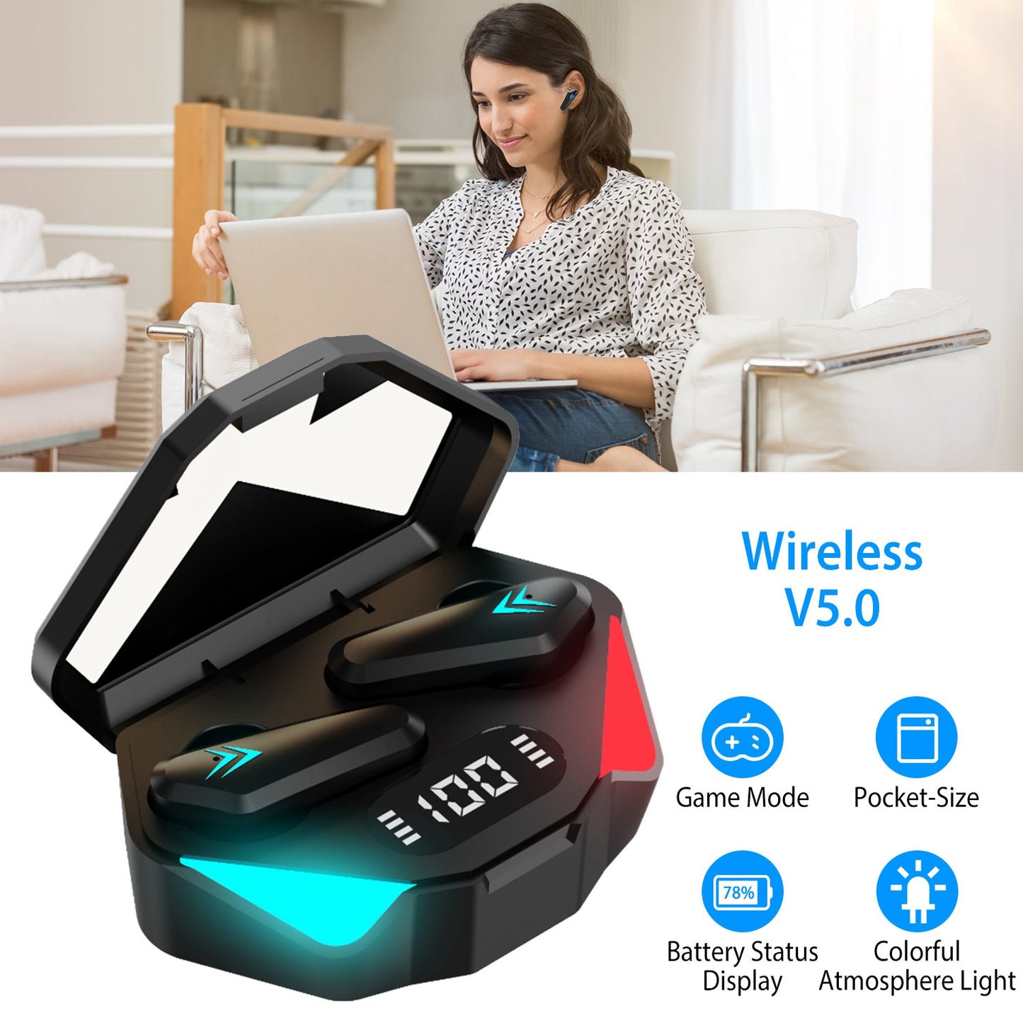 Wireless TWS 5.0 Earbuds Headphone in-Ear Earphone Headset with Charging Case Waterproof Low Latency Game Mode