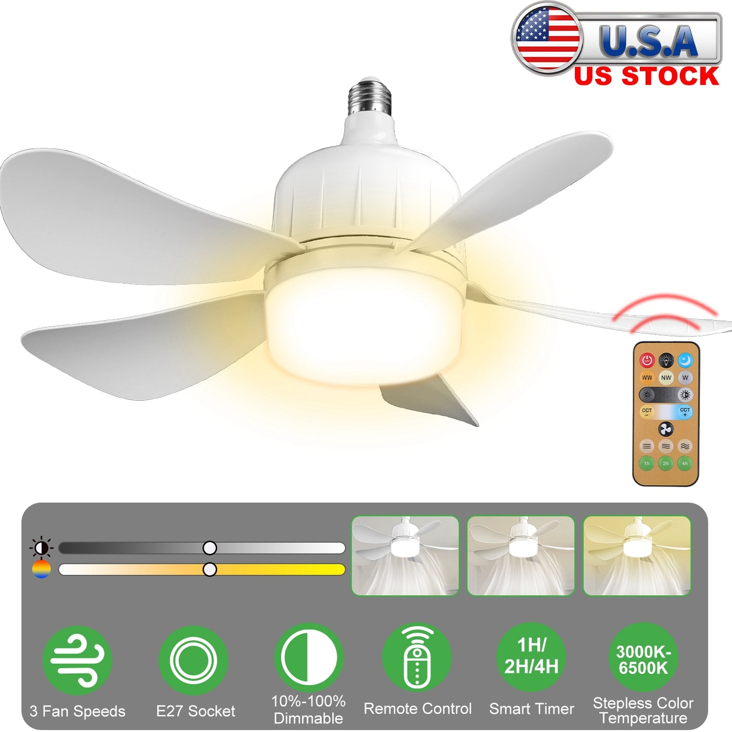 Socket Fan Light 12W Ceiling Fan with Lights Dimmable LED Ceiling Fan with 3 Fan Speed Stepless Brightness and Color Temperature Smart Timer Remote Co