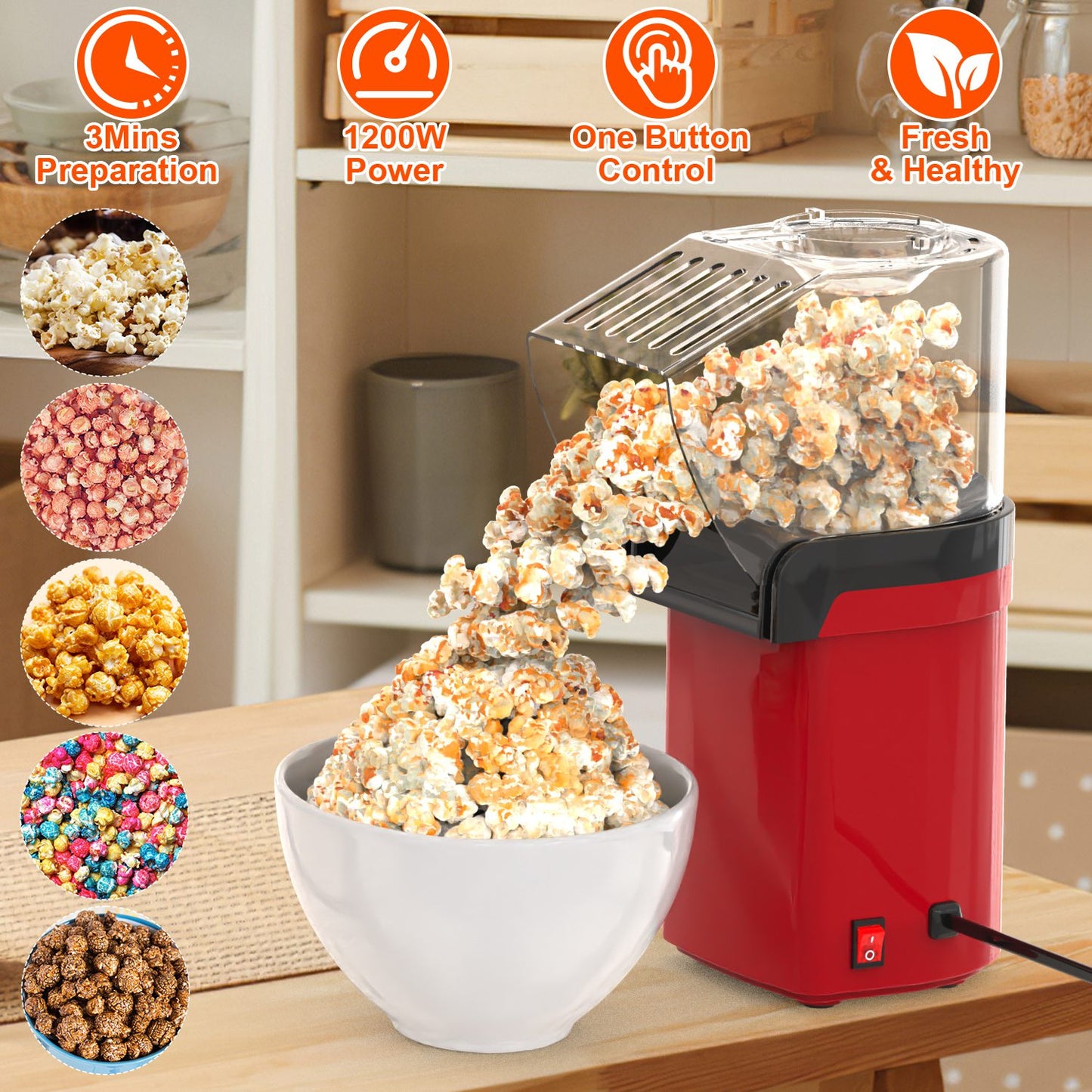Hot Air Popcorn Popper Maker with Measure Cup And Butter Warmer 1200W Oil-Free Easy To Use 8Cups Mini Popcorn Maker Machine for Home