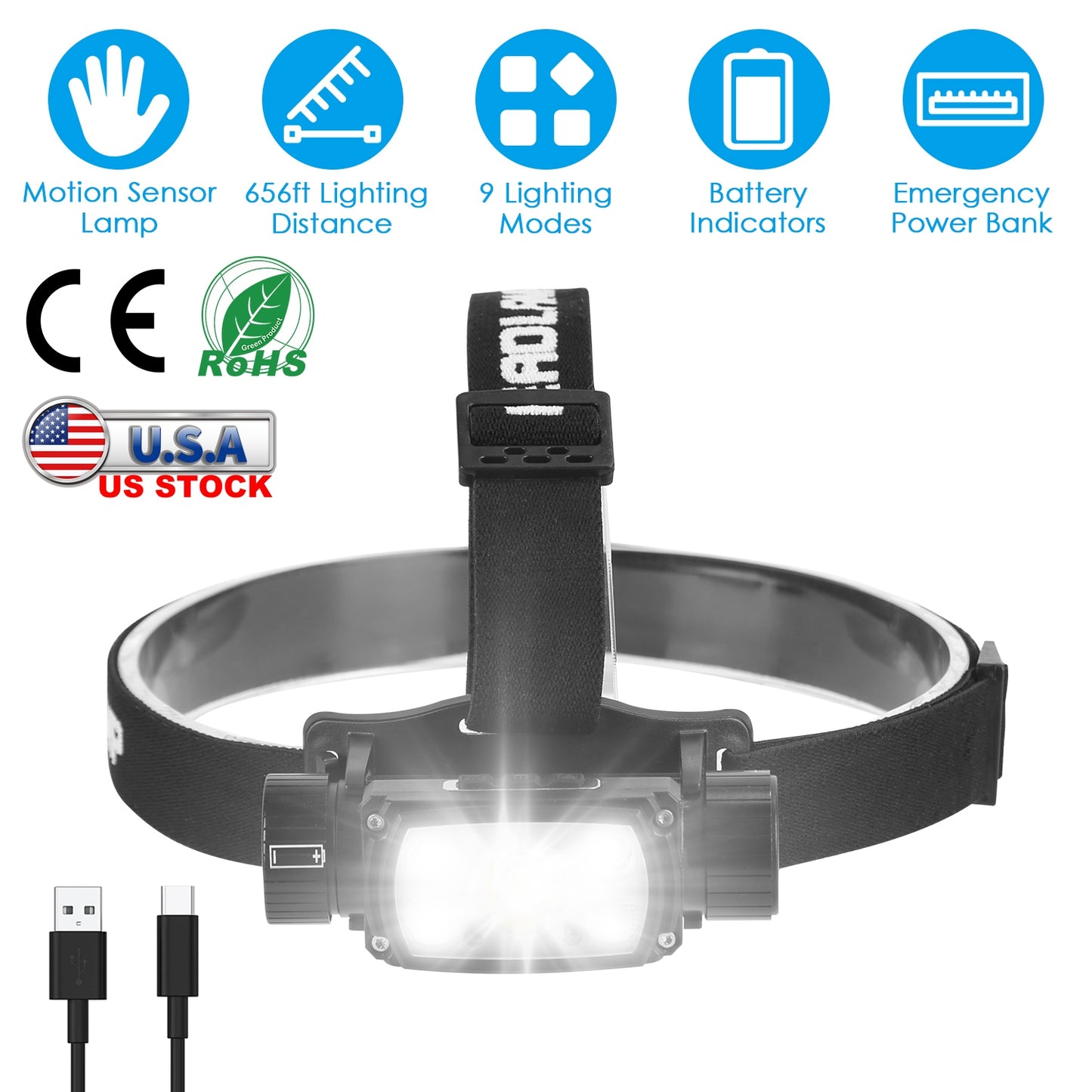 Rechargeable Motion Sensor Headlamp 9 Light Modes Hand Wave Headlight Phone Charging Torch Flashlight for Fishing Running Camping Hiking