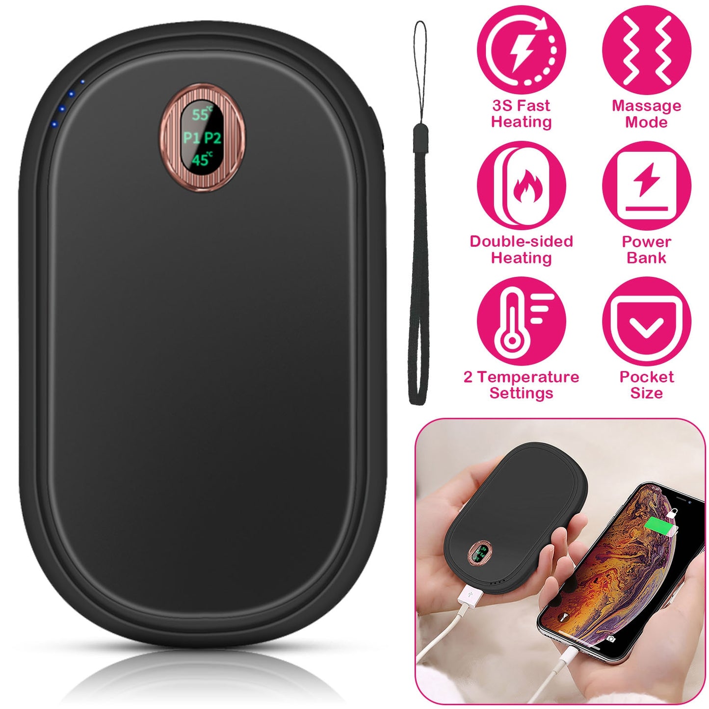 Rechargeable Hand Warmer Electric Hand Heater Portable Reusable Pocket Warmer Power Bank with Digital Display 2 Levels Double-sided Heating