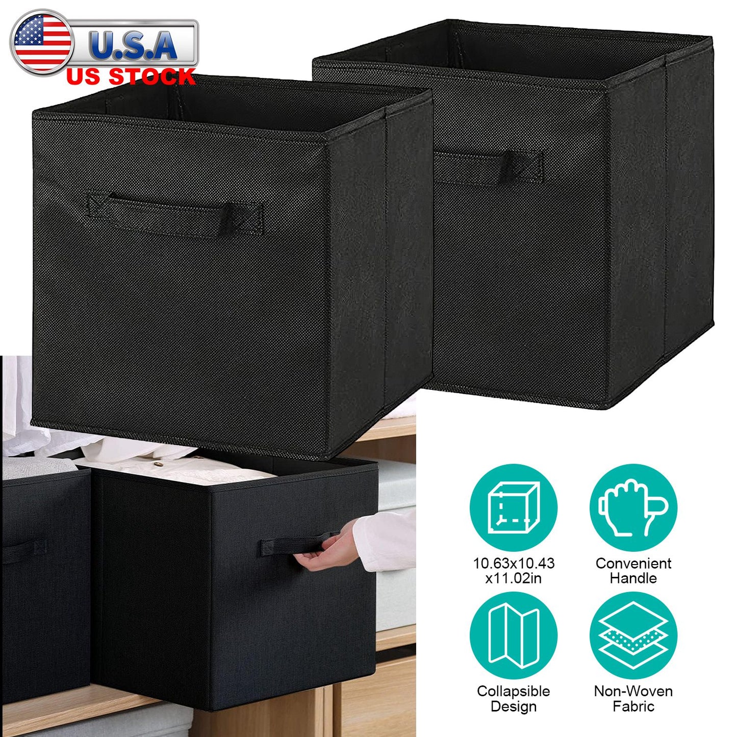 2 Sets Storage Bin Non-Woven Fabric Cube Organizer with Handle Foldable Cube Basket For Shelves Closet Living Room Bedroom Black