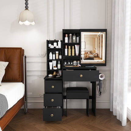 Vanity Desk Set with Lighted Mirror, 4 Drawers & Stool