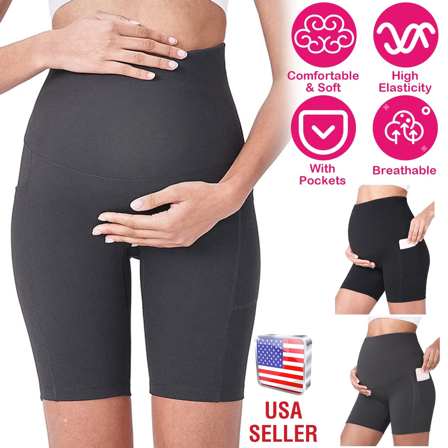 Women Maternity Shorts Seamless Pregnancy Underwear Shapewear Fitness Yoga Running Shorts High Waist Over The Belly Pants with Two Side Pockets