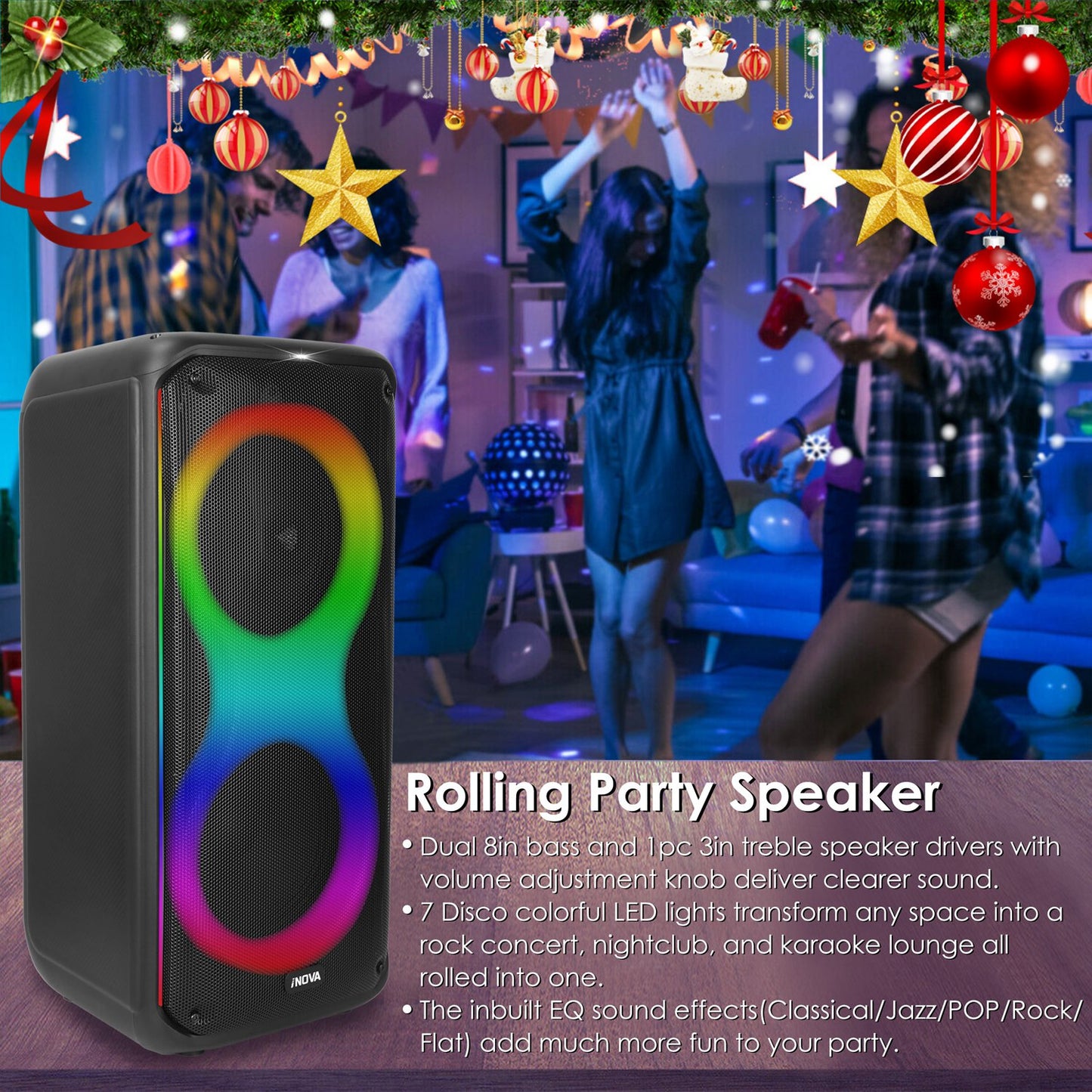 Portable Wireless Party Speaker with 7 Colorful Lights Remote Control Party Speaker with TWS Function FM Radio USB MMC Card Reading Aux In Recording F