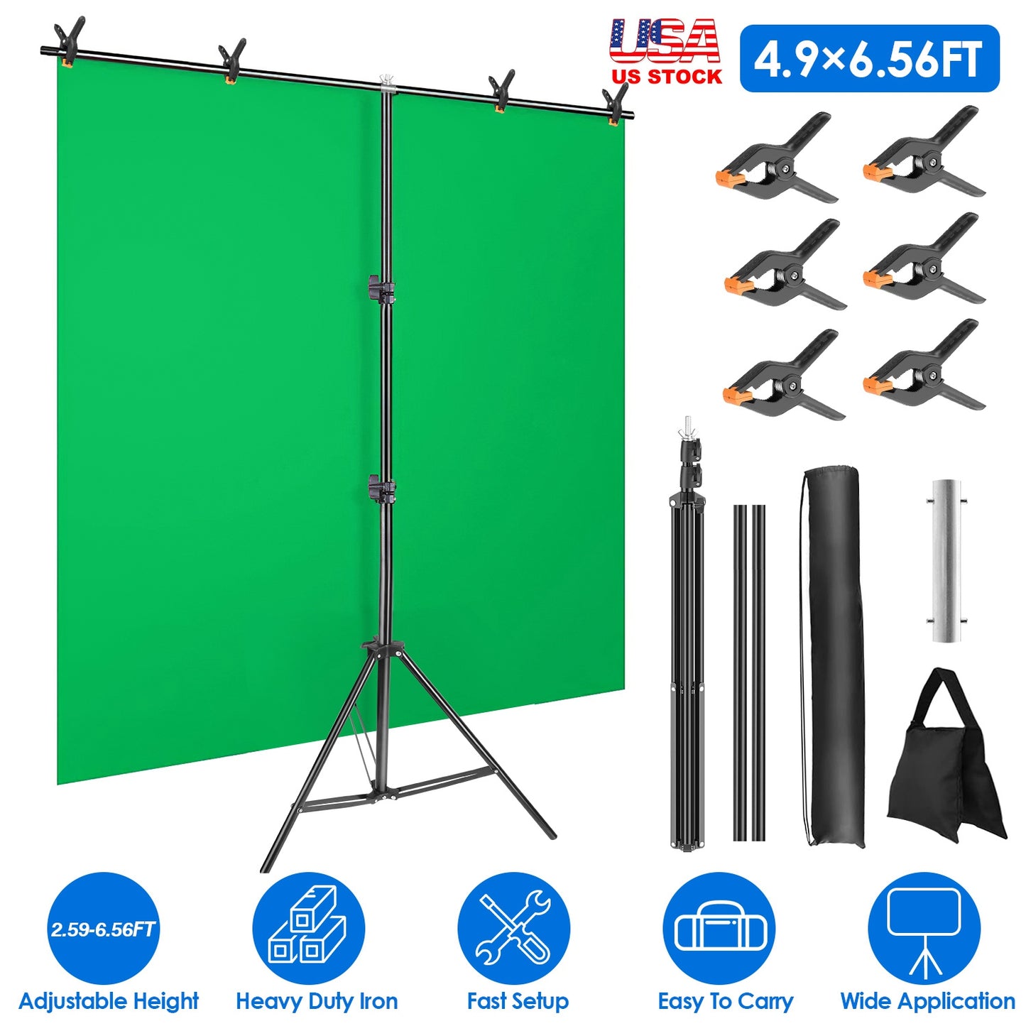 5 6.5FT T-Shape Photo Video Backdrop Stand Heavy Duty Background Stand Adjustable Photography Backdrop Stand with 6 Spring Clamps Sandbag Carry Bag fo