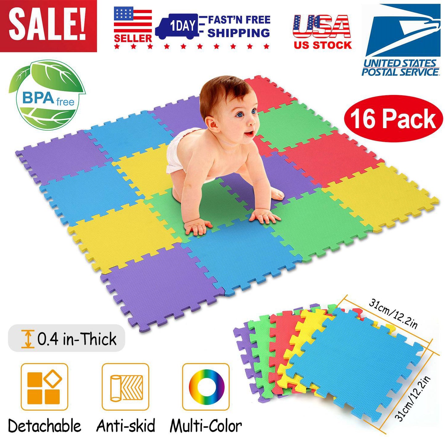 16Pcs Kids Puzzle Exercise Play Mat Interlocking Non-Toxic EVA Floor Mat Multi-Color Anti-Skid Playmat for Infants Baby Toddlers