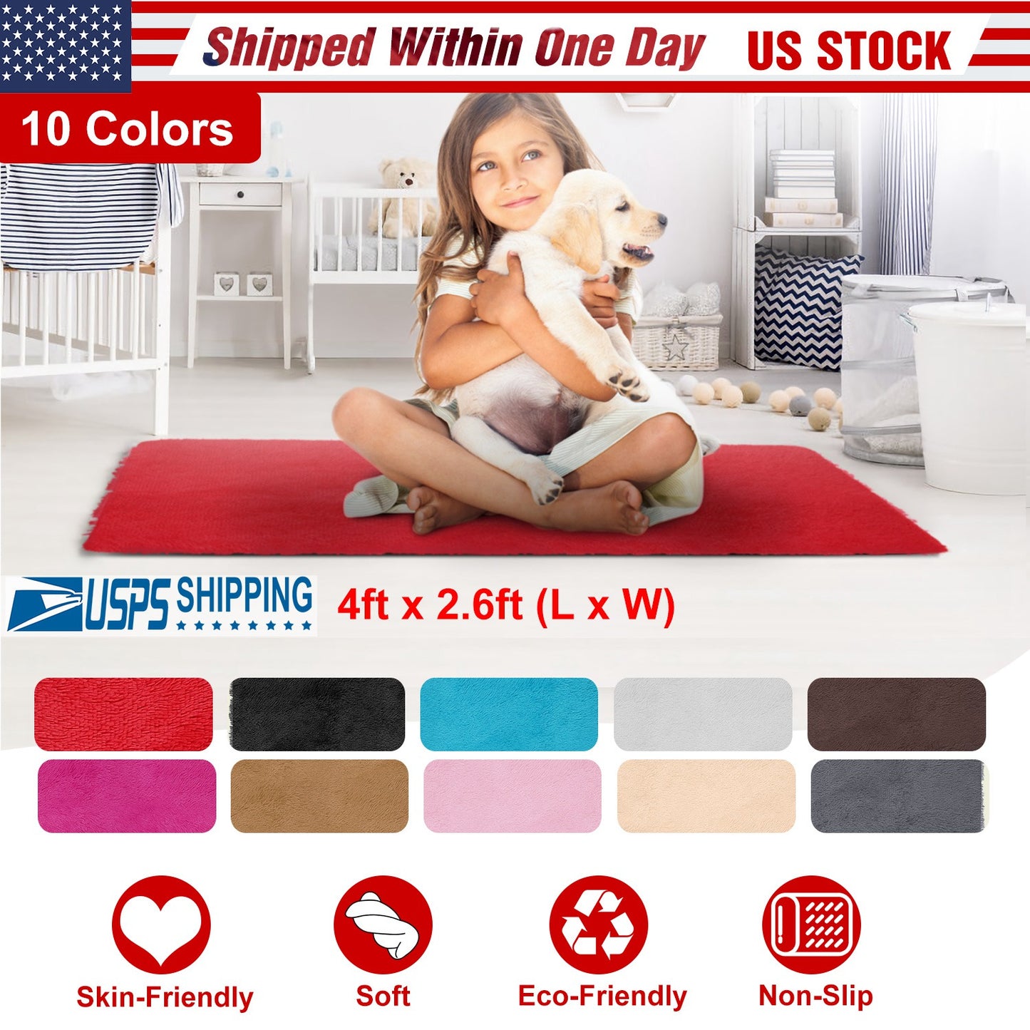 Fluffy Bedroom Rug 4Õ x 2.6Õ Anti-Skid Shaggy Area Rug Decorative Floor Carpet Mat for Nursery Bedroom Living Room