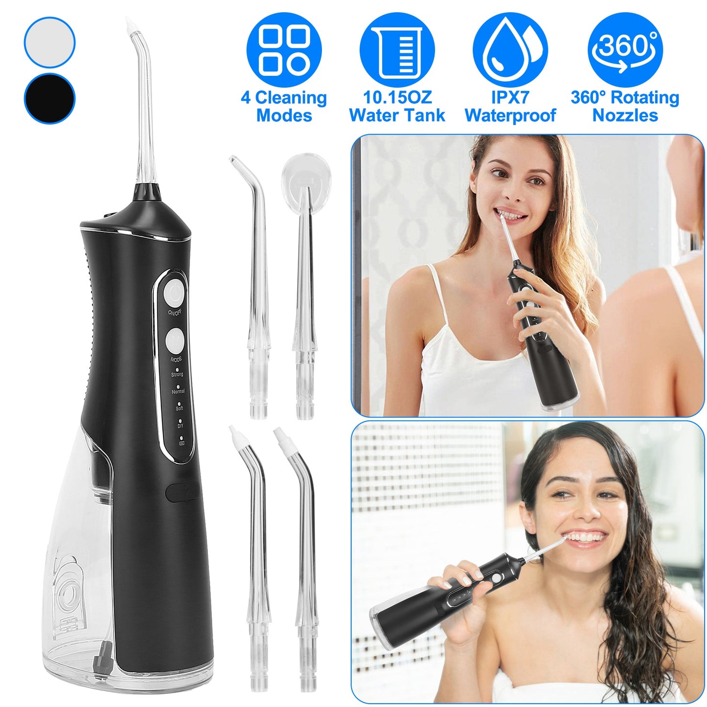 Portable Water Dental Flosser Cordless Rechargeable Dental Oral Irrigator IPX7 Waterproof Teeth Cleaner with 4 Modes 4 Nozzles 10.15oz Detachable Wate