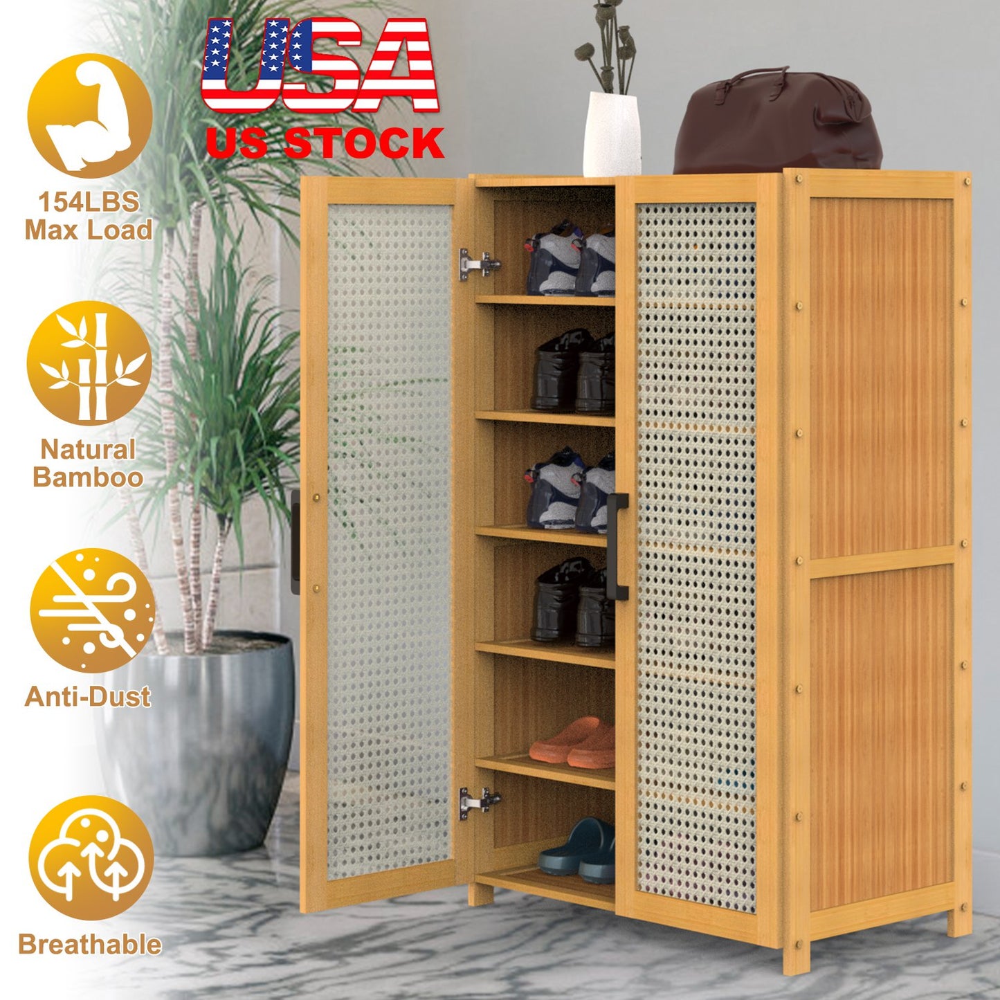 6-Tier Shoe CabinetÊwith Bamboo Shoe Rack Freestanding Shoe Organizer with 2 Hollow Doors and Handles 154lbs Max Load for Closet Hallway Living Room