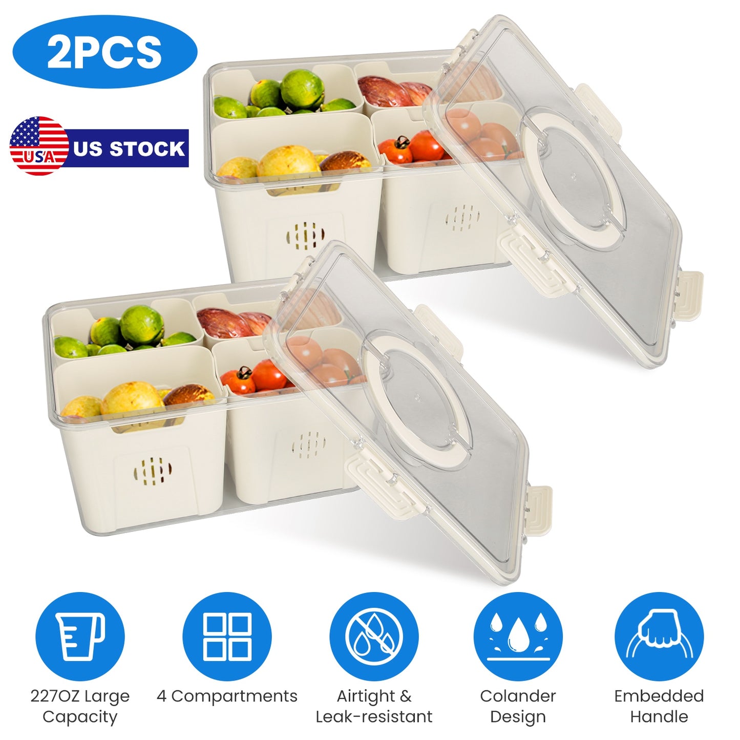 2Pack Airtight Fruit Storage Containers 4-Compartment Food Storage Containers Fruit Vegetable Organizers with 8 Removable Colanders for Fridge Picnic