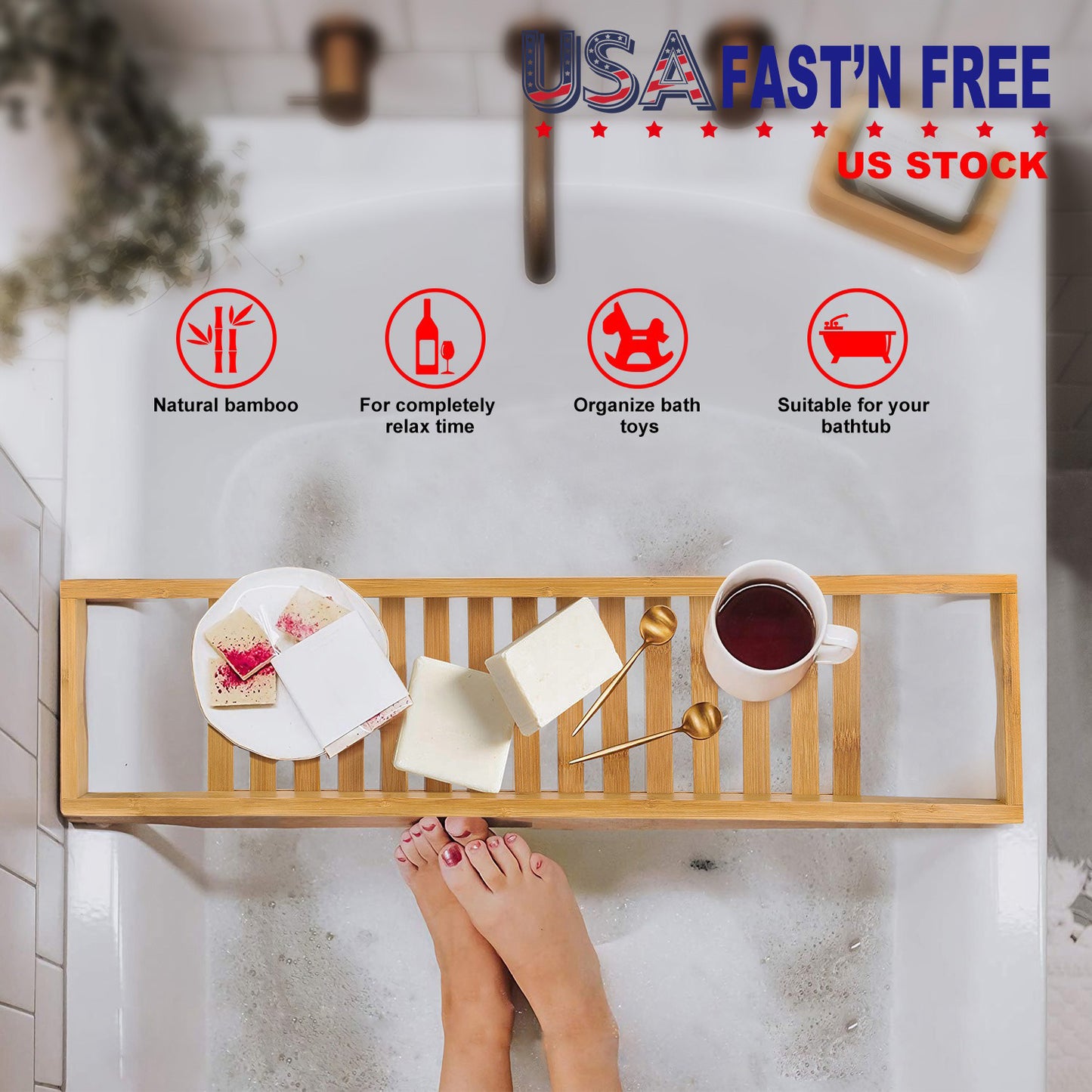 Bamboo Bathtub Tray Bath Table Bathroom Storage Rack Soap Cellphone Wine Glass Shelf Organizer