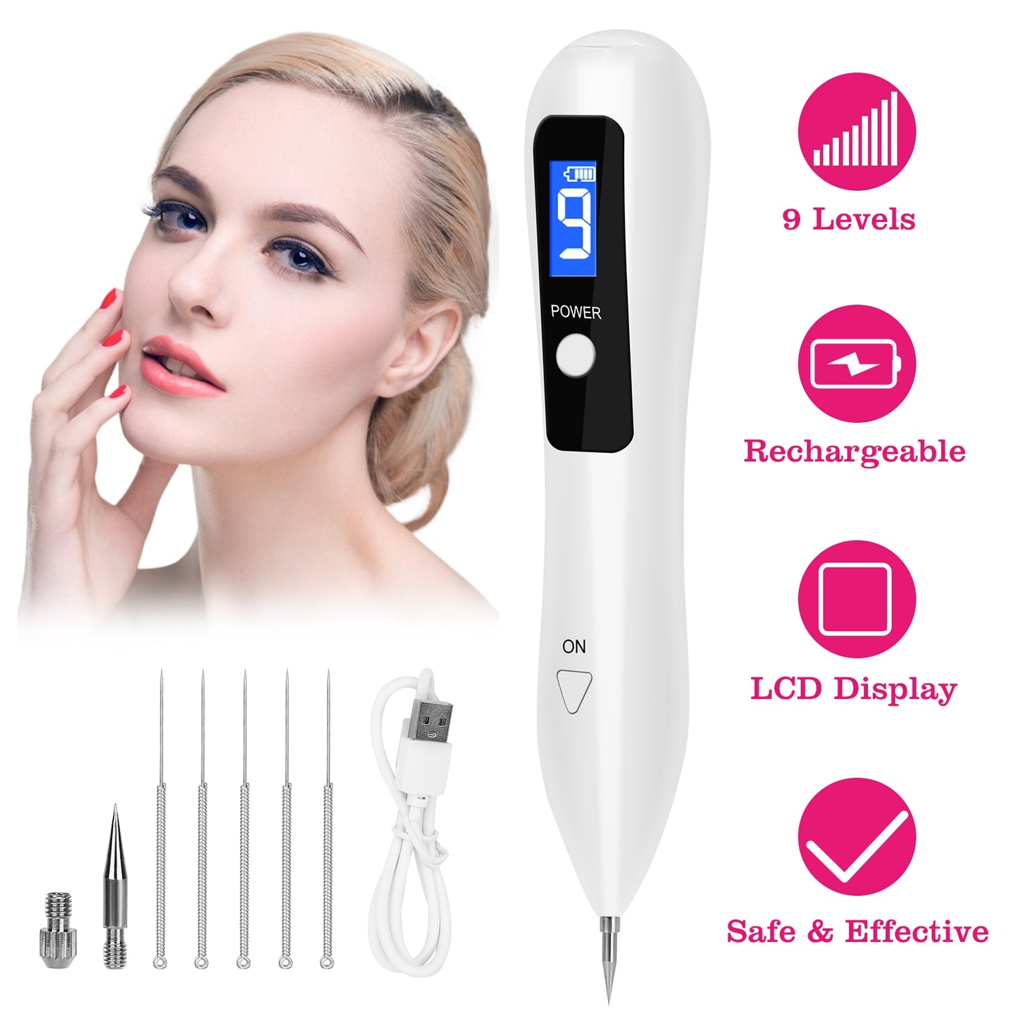 Skin Tag Repair Kit Portable Beauty Equipment Multi-Level with Home Usage USB Charging LCD Level Adjustable 6 Replaceable Needles