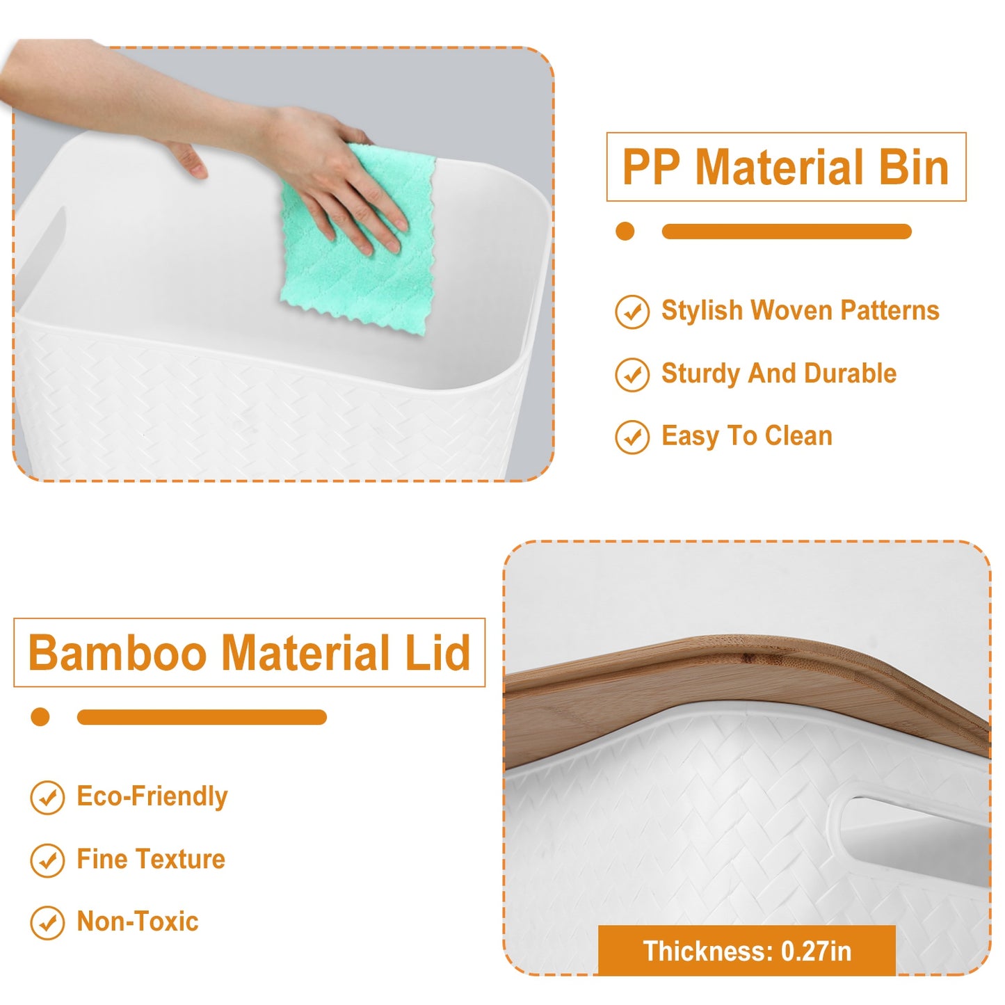 2Pcs Storage Bins with Bamboo Lids Stackable Plastic Storage Container with Handle Storage Box Accessories Holder for Bedroom Kitchen Shelf Closet