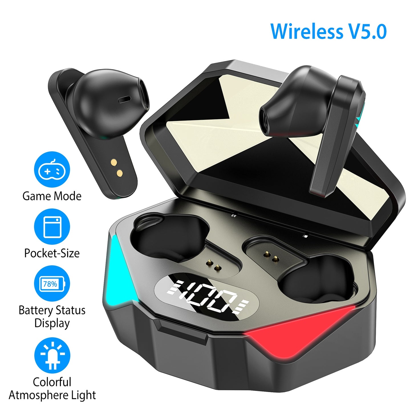 Wireless TWS 5.0 Earbuds Headphone in-Ear Earphone Headset with Charging Case Waterproof Low Latency Game Mode