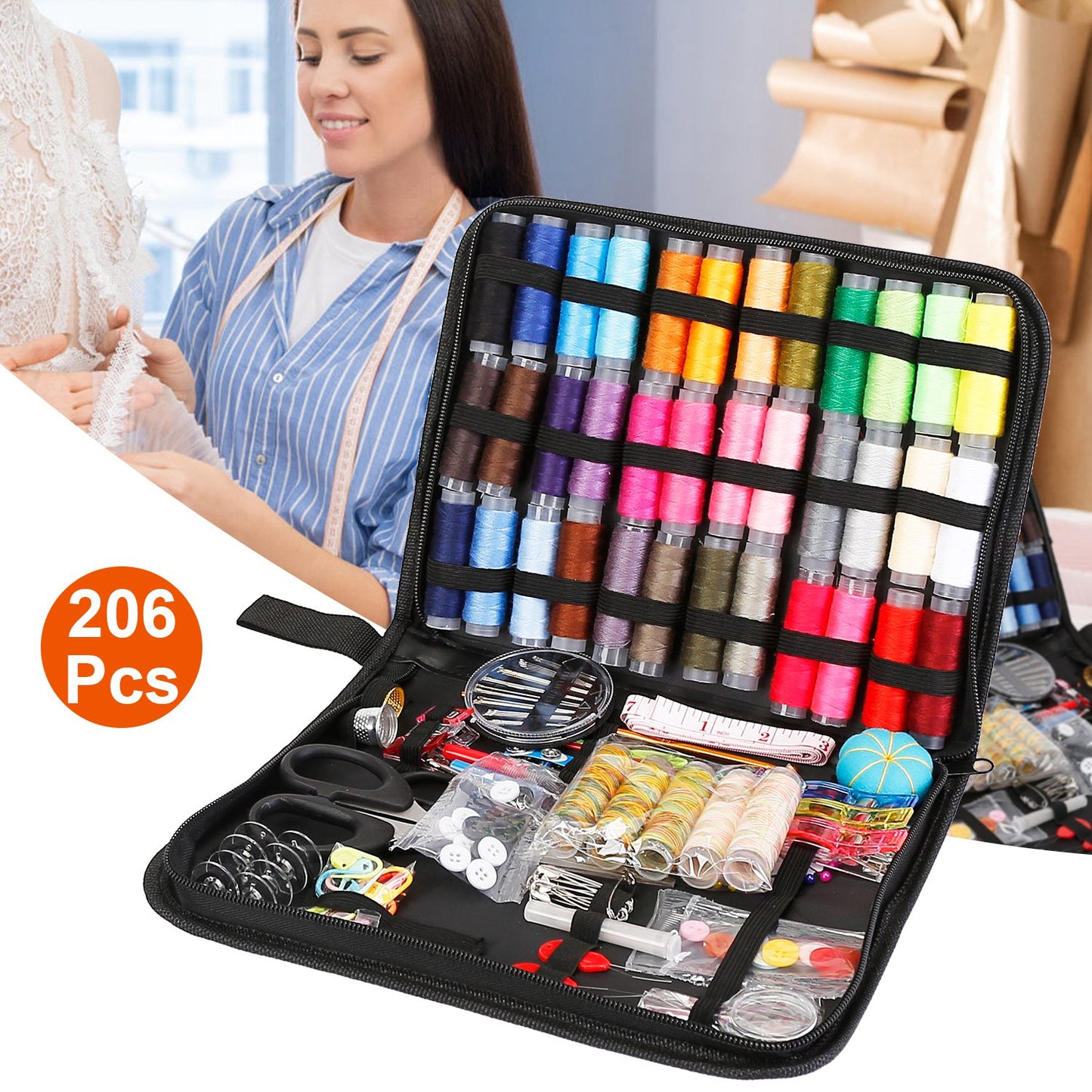 206Pcs Travel Sewing Kit DIY Sewing Supplies Needles Thread Stitching Kit with Scissors Thimble Tape MeasureÊfor Adults Kids Beginners Travelers