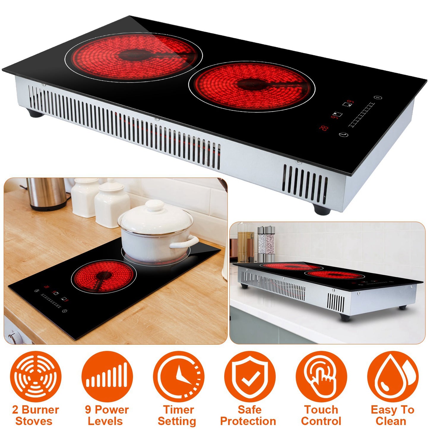 Dual Induction Burners Electric Cooktop 110V Total 1900W Electric Stove Built-in Electric Ceramic Stove with Timer Setting 9 Firepower Levels Over Hea