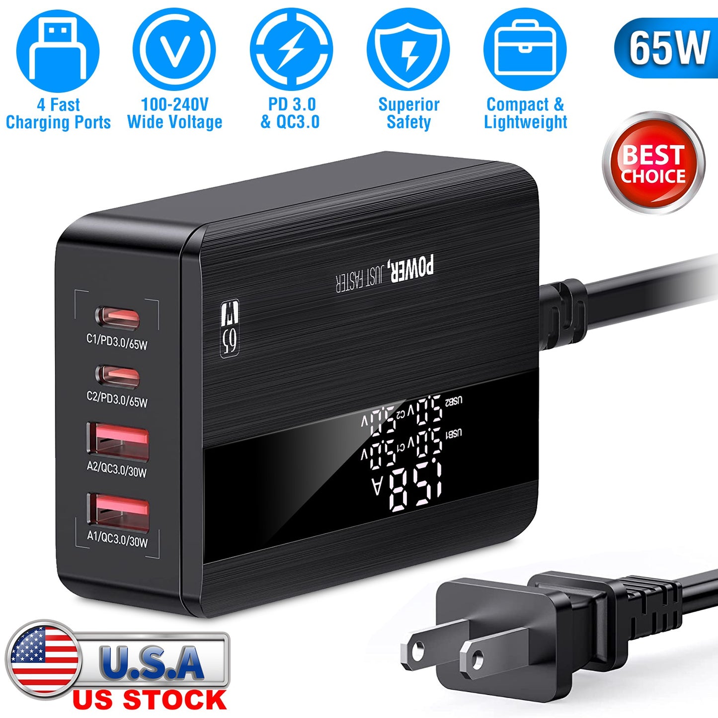 65W Fast Wall Charger 4 Port USB Charging Station PD3.0 QC3.0 Adapter Fit for iPhone 14 13 12 11 Samsung S22 S21 Switch MacBook iPad