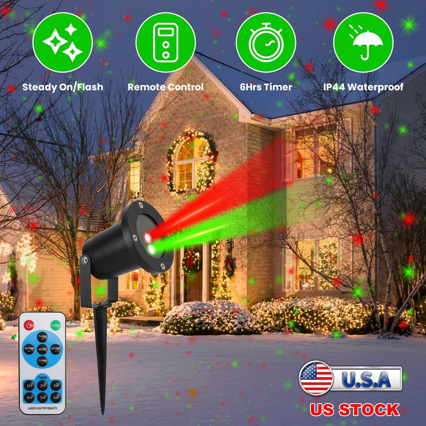 Outdoor Laser Projector Light Red and Green Projection Light with 3 Modes 12 Speeds 6Hrs Timer IP44 Waterproof Firefly Landscape Light for Christmas H