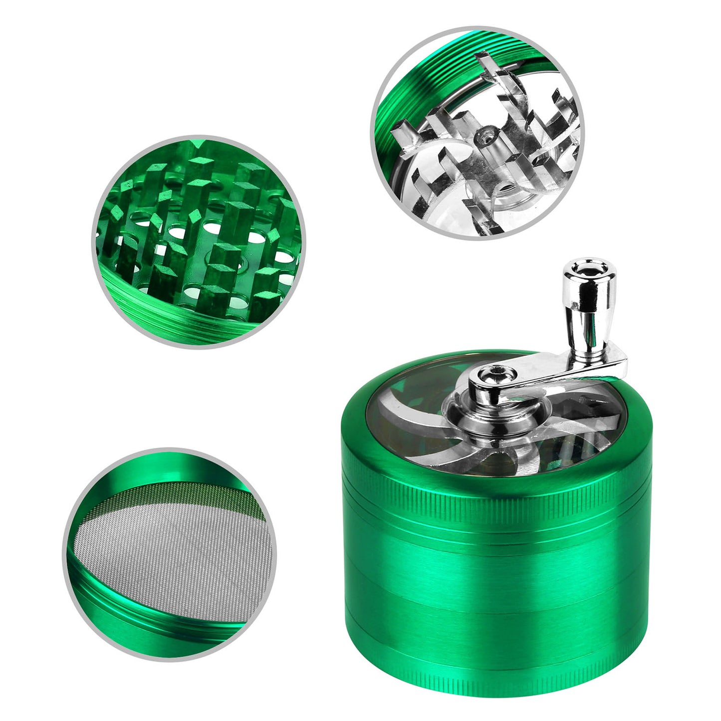 Herb Spice Tobacco Grinder 2.5-inch 4-Piece Zinc Alloy Hand Crank Crusher Kitchen Mill with Pollen Scraper