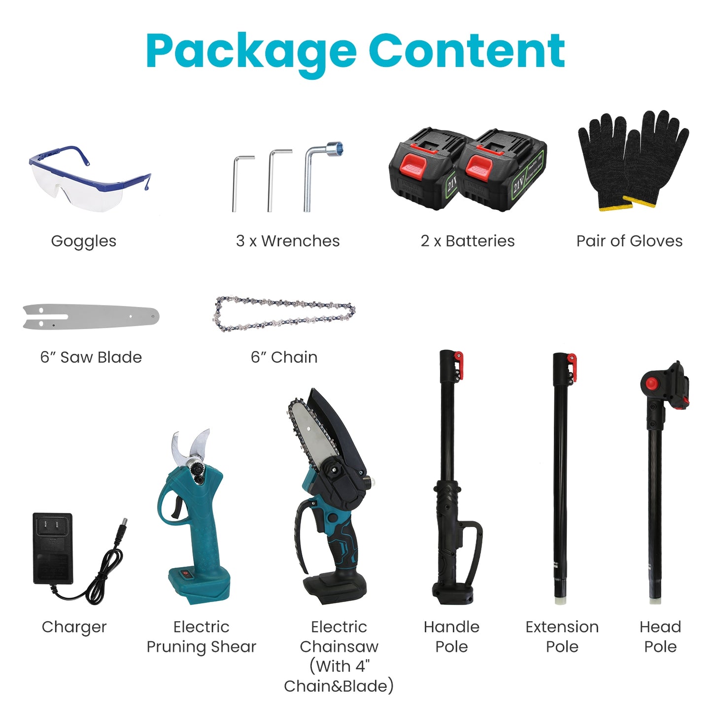 4 in 1 Cordless Pruning Shear and Electric Chainsaw With Max 5.5FT Extension Poles 4Ó/6Ó Pole Saw SK5 Blade Brushless Pruning Shear With 2Pcs 3.0Ah Ba