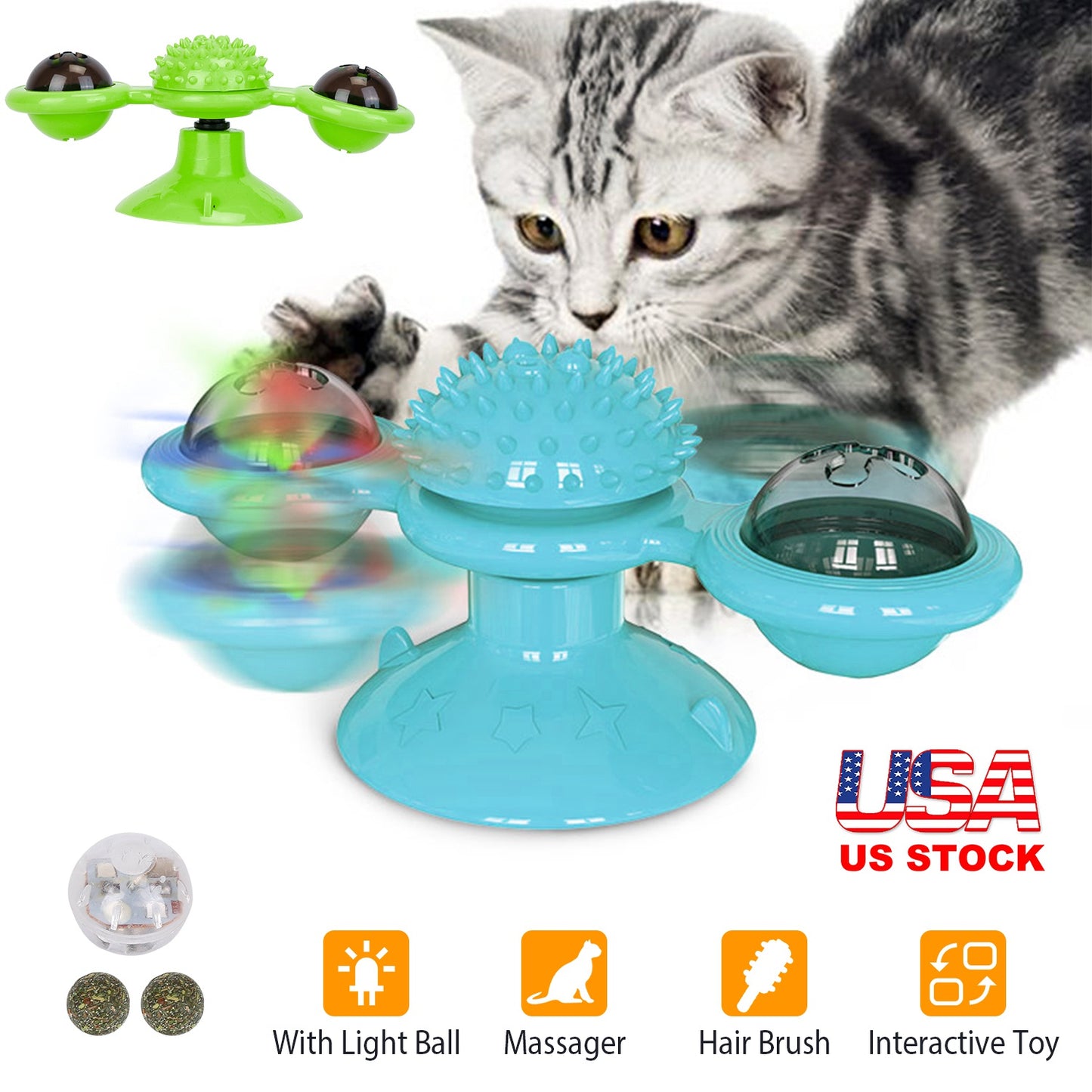 Windmill Cat Toy Turntable Interactive Teasing Pet Toy Wall Mount Turning Tickle Scratch Hair BrushÊCat Toy with Catnip Light Ball