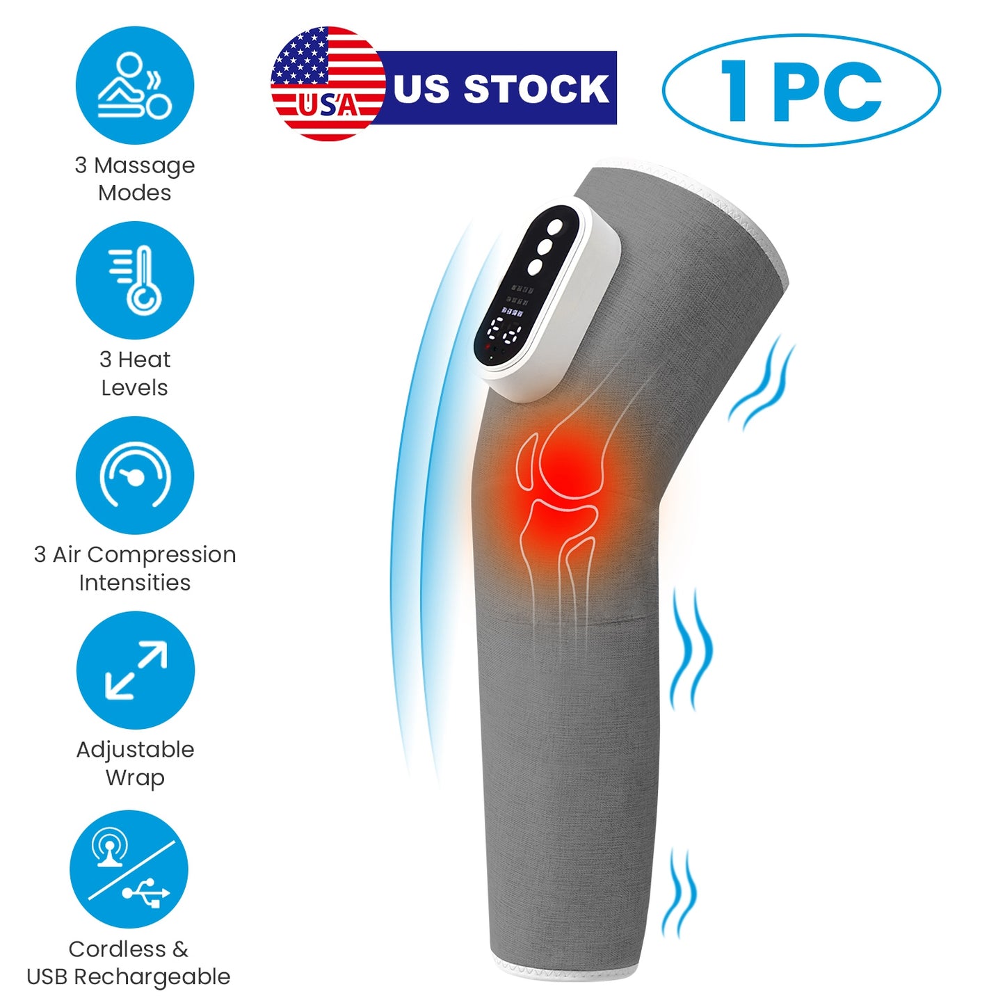 Cordless Leg Massager Air Compression Massager with Heat Thigh Knee Calf Massager with 3 Modes Adjustable Wrap for Pain Relief