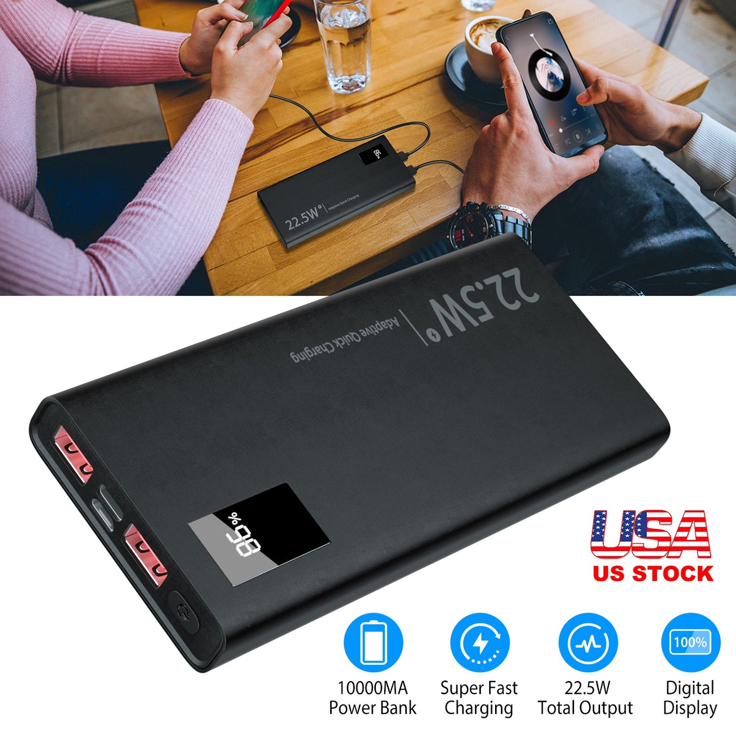 10000Mah Power Bank Portable Charger External Battery Pack 22.5W Super Fast Charging PD &QC 3.0 with LED Display Fit for iPhone Samsung