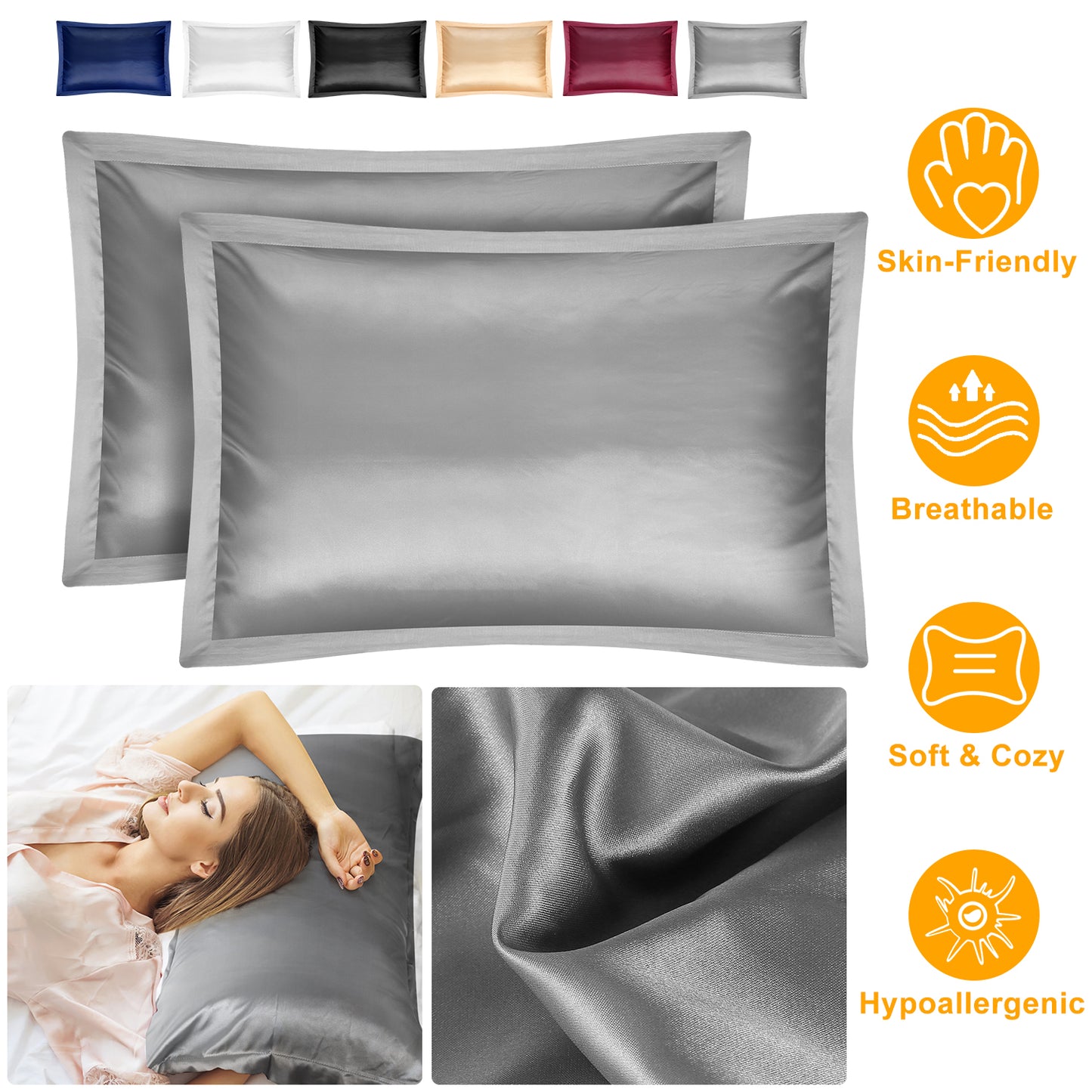 2 Pack Soft Silky Satin Pillow Case Hypoallergenic Breathable Bed Pillow Cover Queen Size Pillowcase Great for Hair Skin