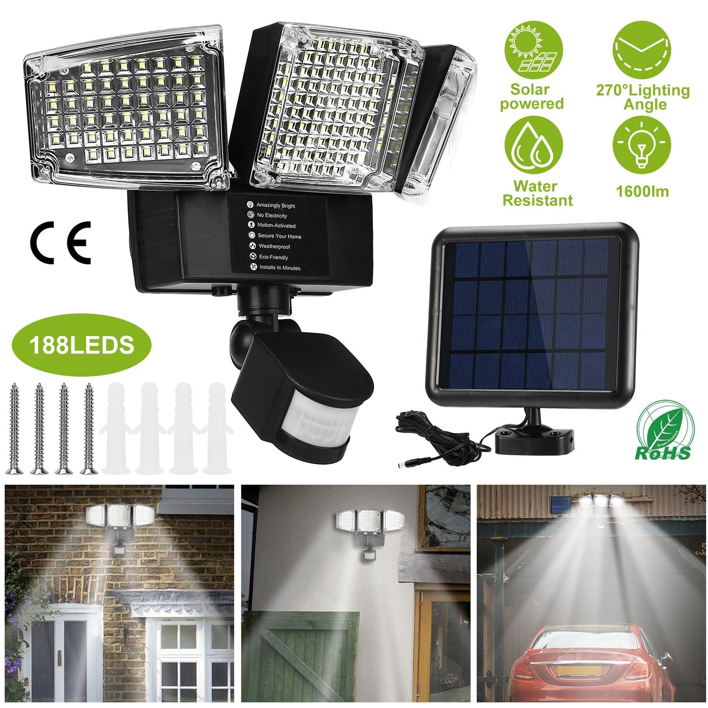 Solar Lights Outdoor 188 LEDs 1600lm Solar Security Lights Motion Sensor Lights 270¡Lighting Angle Waterproof Dusk to Dawn Solar Wall Lights 360¡Rotat