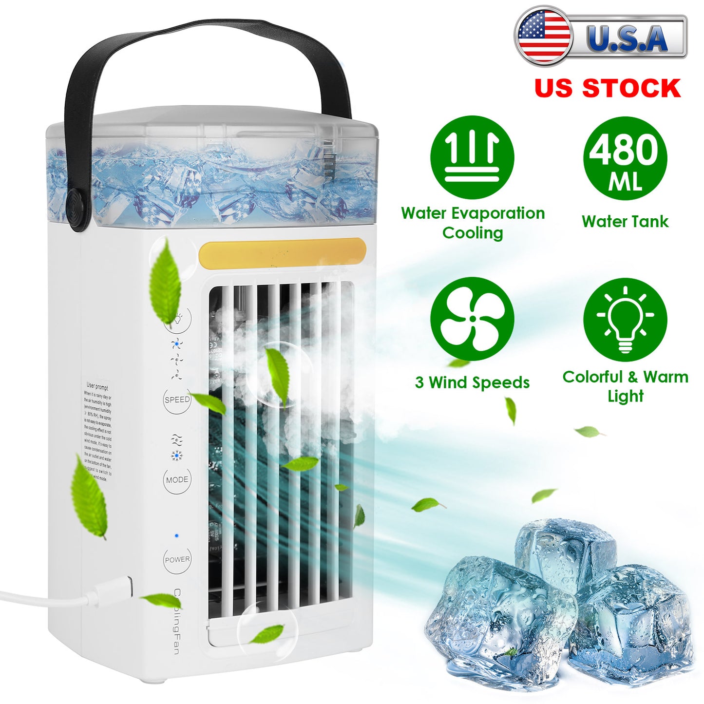 4 In 1 Portable Air Conditioner Fan Evaporative Air Cooler Water Mist Cooling Fan for Desktop 3 Speeds Nightlight