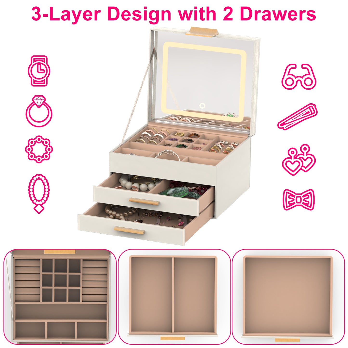 Jewelry Box with LED Mirror 3-Layer Jewelry Organizer with 2 Drawers PU Jewelry Holder with 3 Mirror Light Colors Dimmable for Earrings Rings Bracelet
