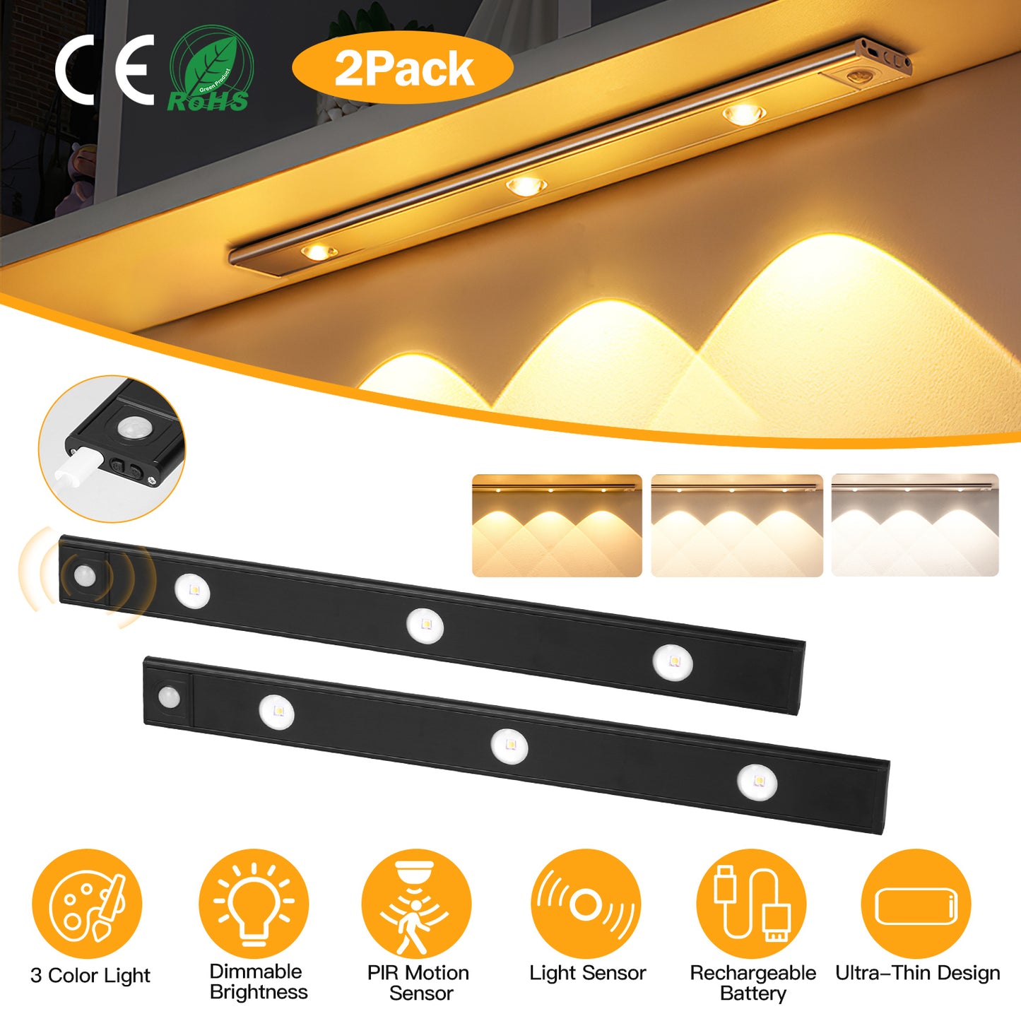 2Pack Rechargeable Cabinet Light Motion Sensor Light Cordless LED Closet Lamp 3 Colors Dimmable Light for Kitchen Cabinet