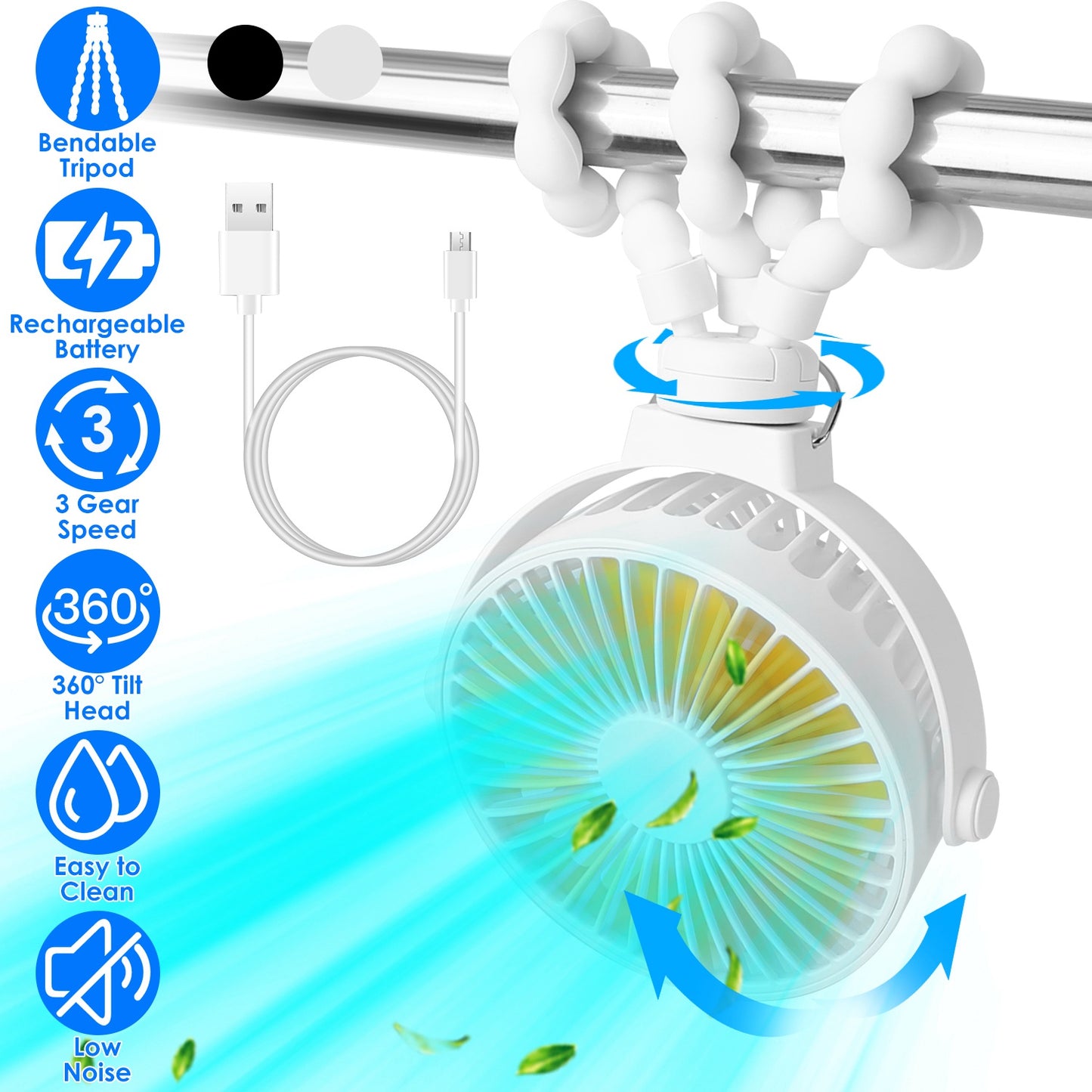 Portable Baby Stroller Fan Rechargeable Handheld Fan with Flexible Tripod Clip On Desktop Hanging Fan 3 Gear Speed 360¡ Tilt Head