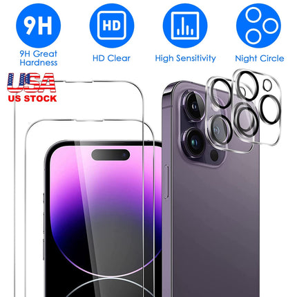 2Pcs HD Clear Screen Protectors 2Pcs Camera Len Protectors Tempered Glass Film Full Coverage Screen Protector Set Fit for IOS Phone 14/14Plus/14Pro/14