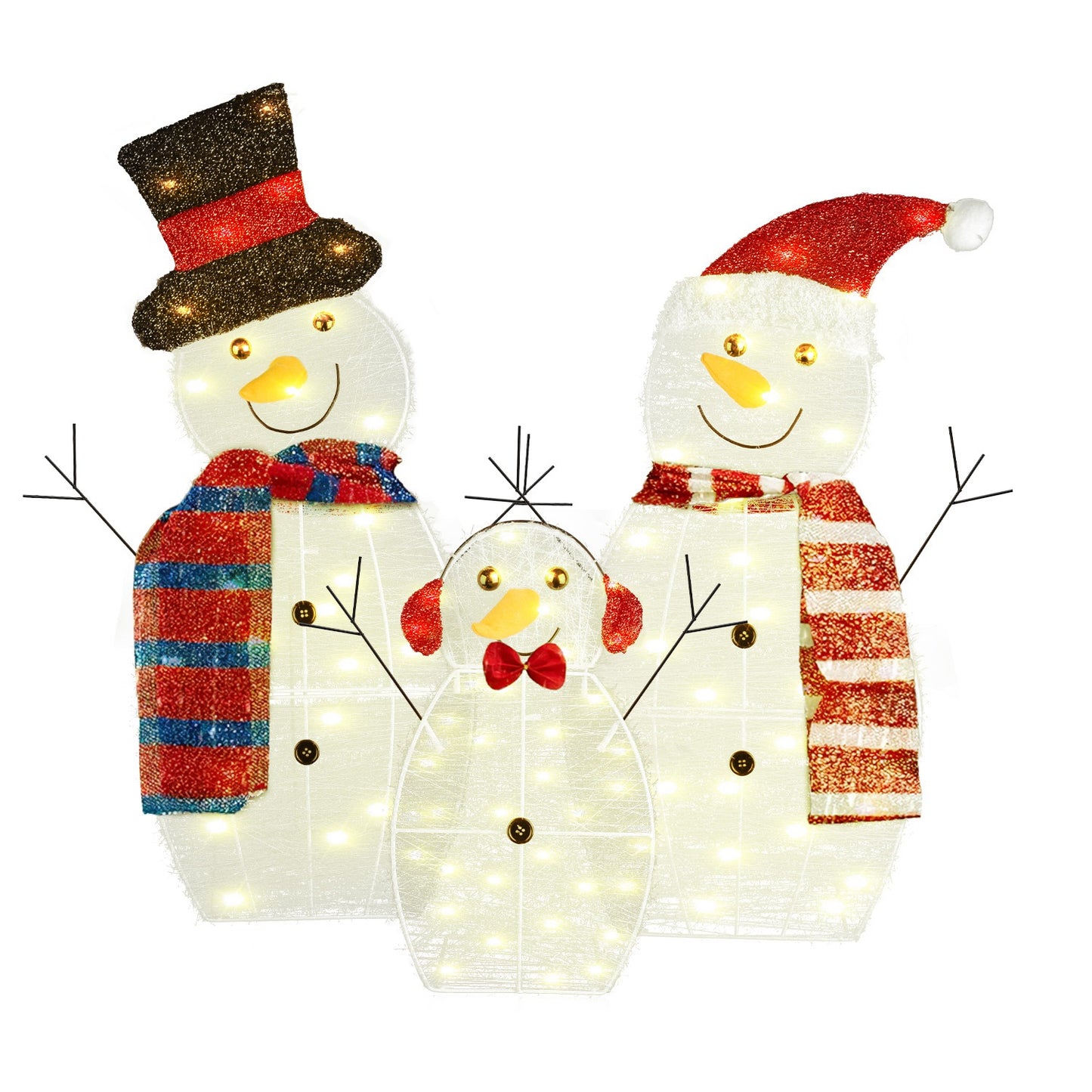 3Pcs 2D Christmas Snowman Yard Decoration Snowman Family Outdoor Decoration With 60Pcs LED Warm Yellow Lights IP44 Waterproof For Christmas Indoor Out