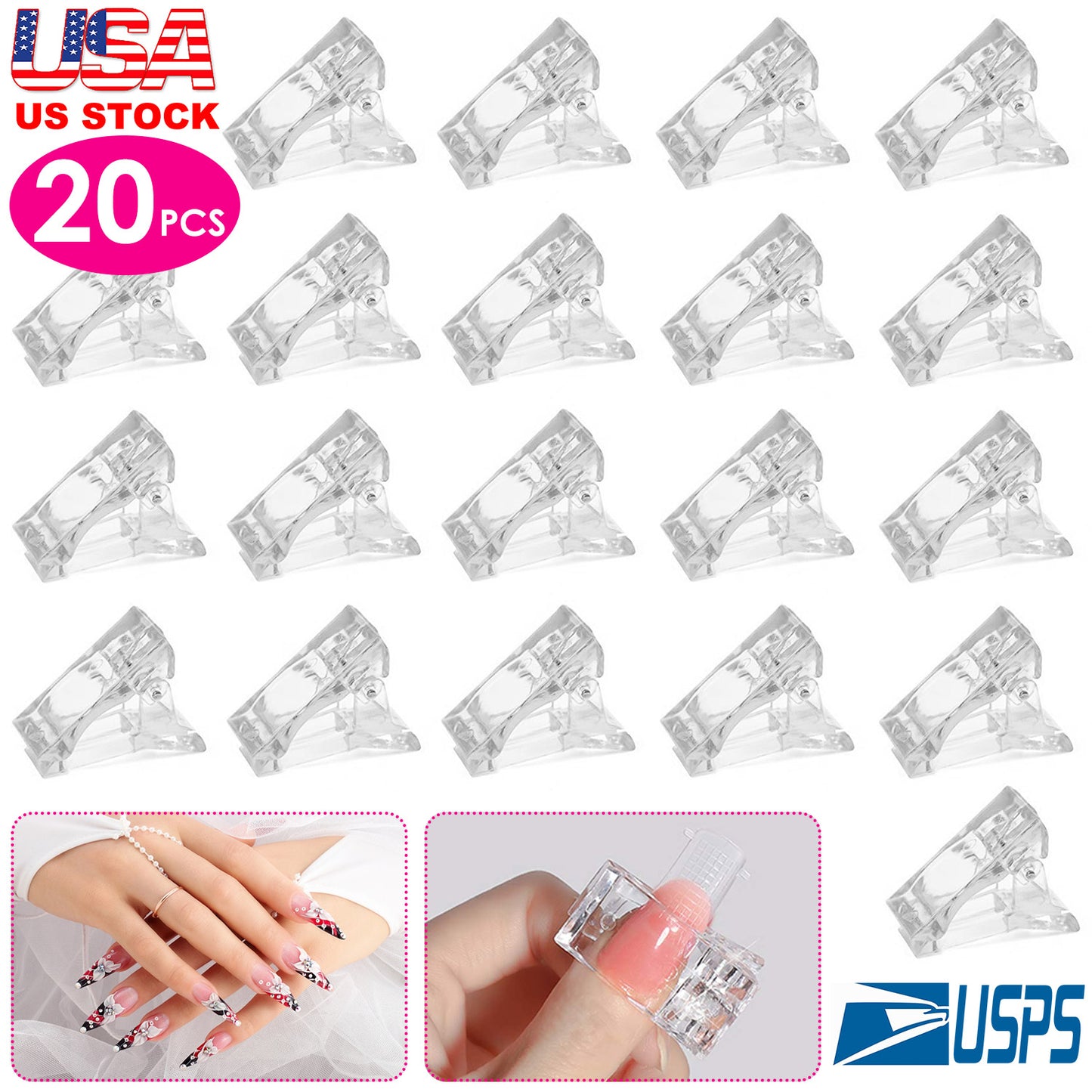 20Pcs Nail Tip Clips Quick Building Poly Gel UV LED Builder DIY Transparent Finger Tip Extension Tool
