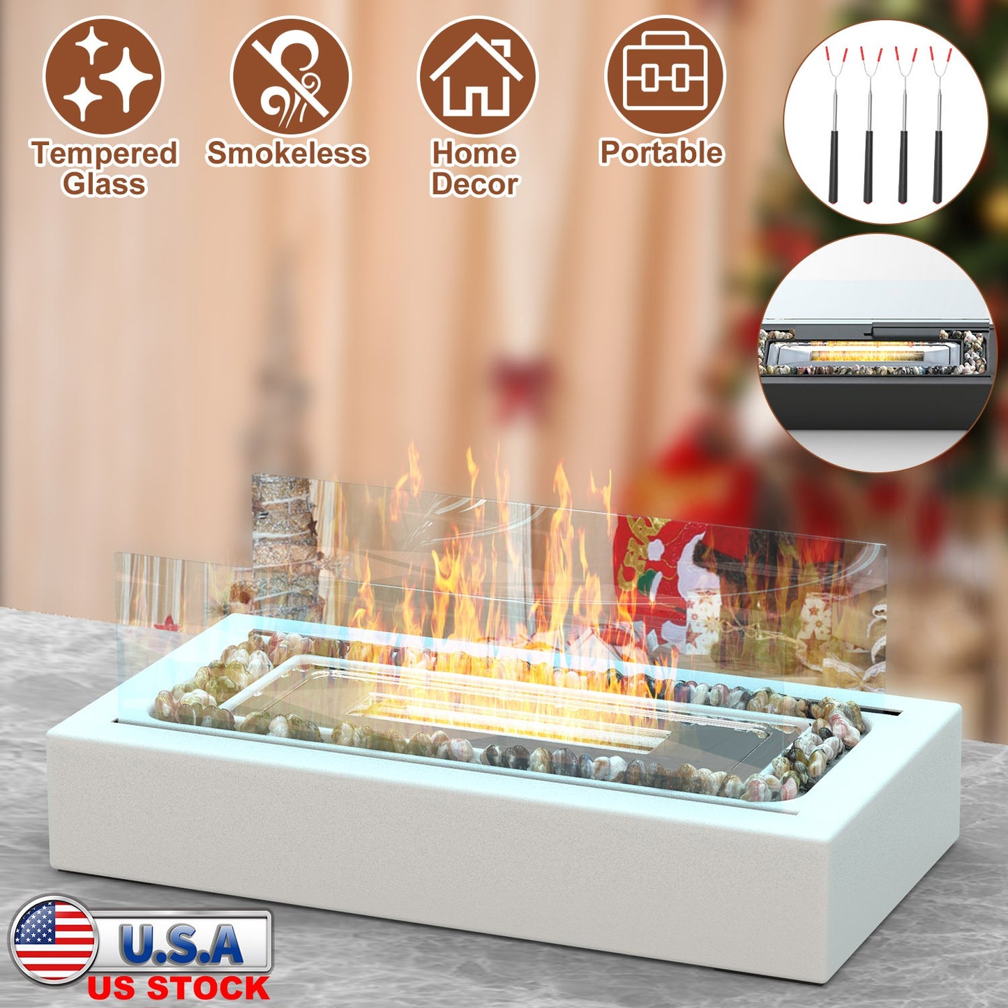 Tabletop Fire Pit With Roasting Sticks Portable Indoor Outdoor Tabletop Fireplace Ethanol Mini Fire Pit Table Top Decoration for Christmas Dinner Part