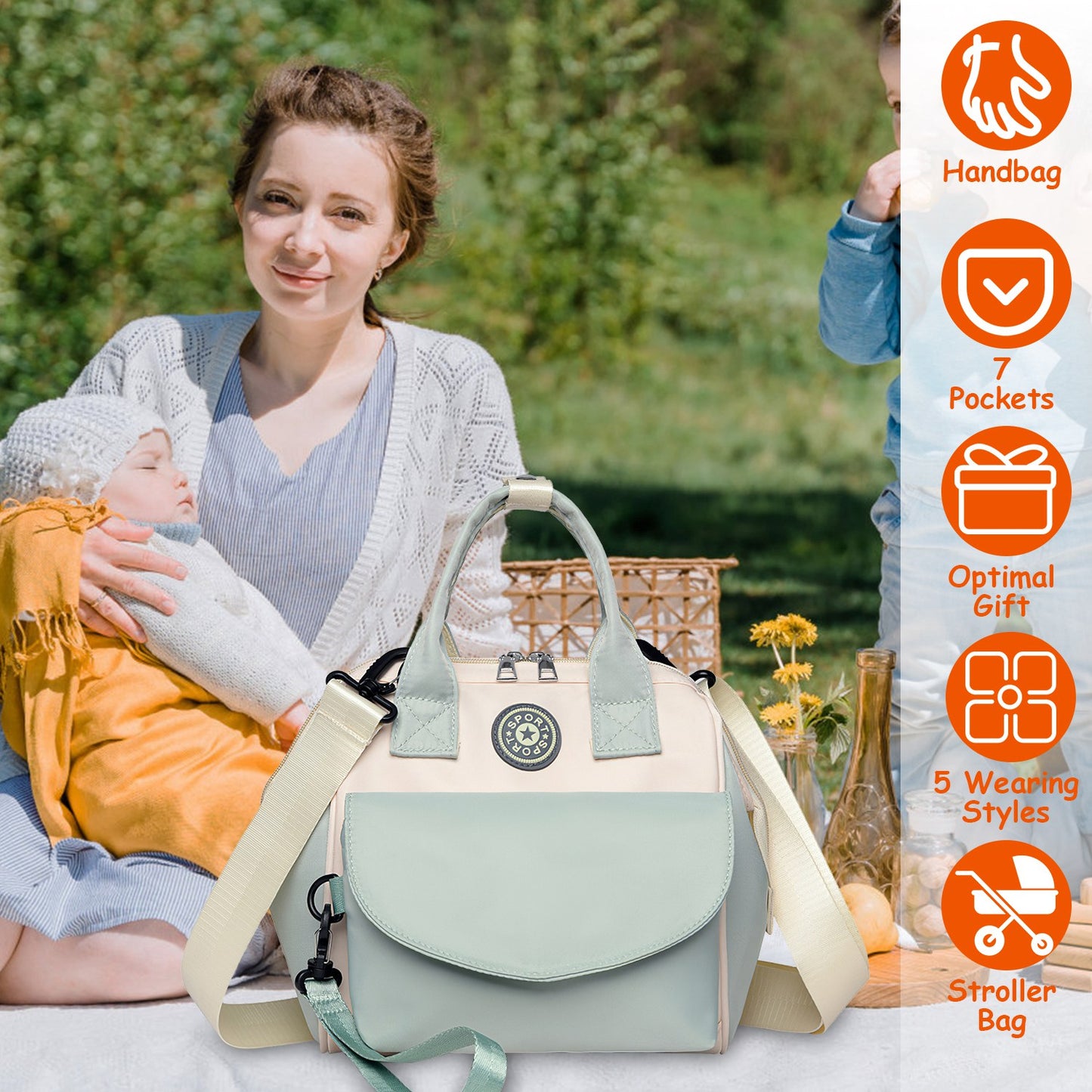 Baby Nappy Diaper Bag with 6 Pockets Burp Cloth Adjustable Shoulder Strap Detachable Small Bag Multifunctional Diaper Changing Bag with 2 Insulated Po