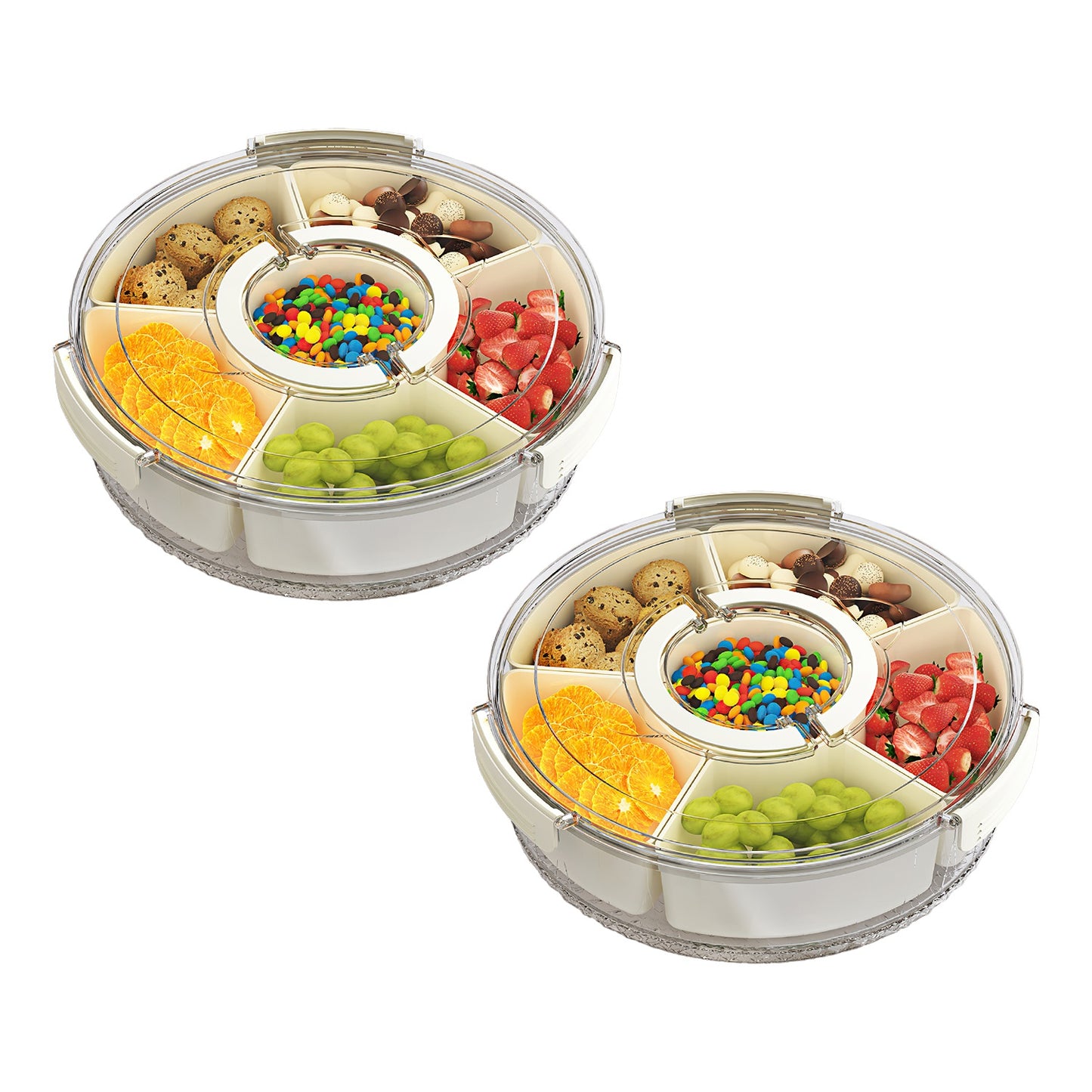 2Pcs Divided Serving Tray with Lid and Handle 360¡ Rotatable Snack Box Container with 6 Dividers Clear Portable Snack Platters for Fruit Candy Nut Sna